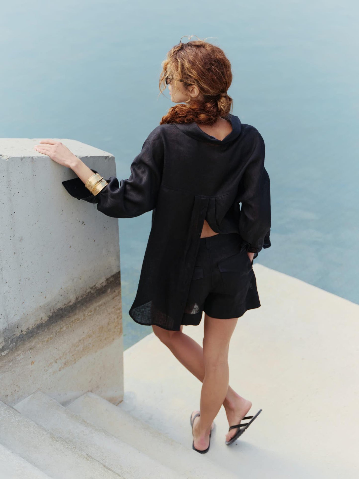 Two-piece linen set with oversized shirt and shorts