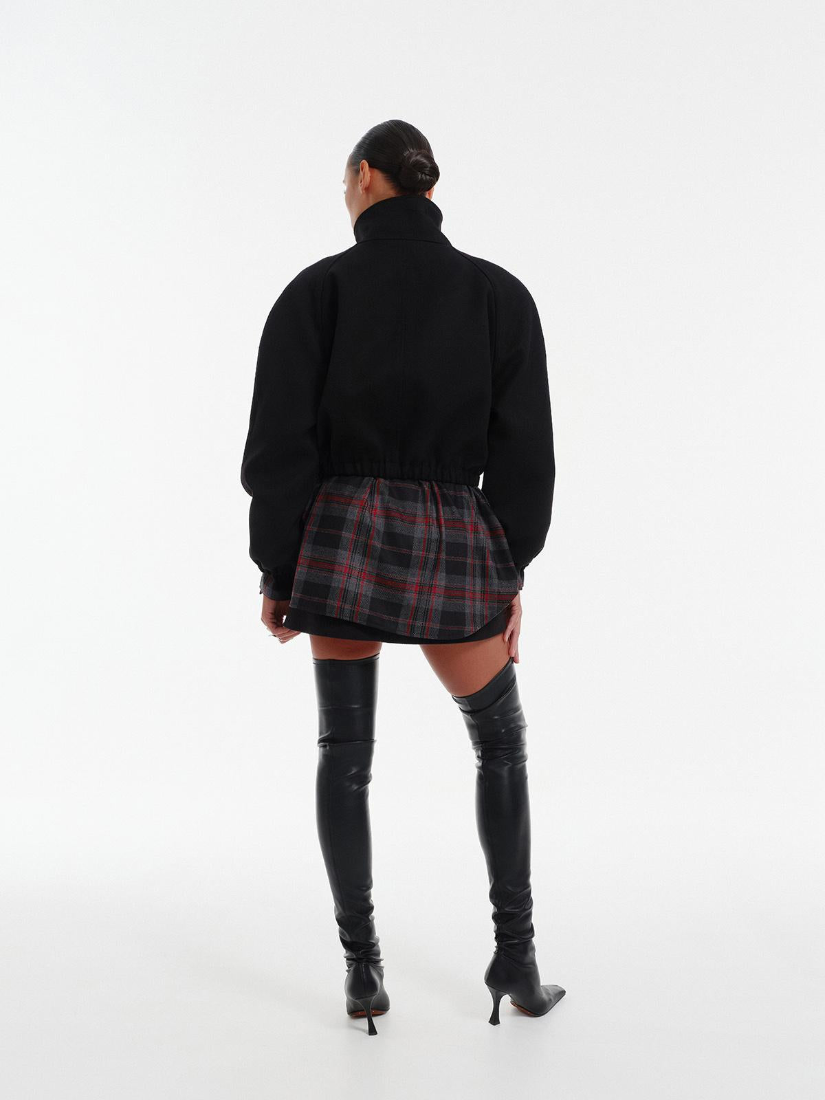 High neck insulated bomber jacket in black structured virgin wool