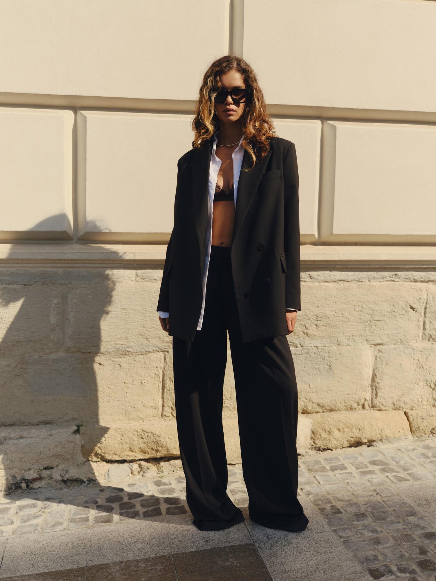 Two-piece relaxed fit wool suit with palazzo pants