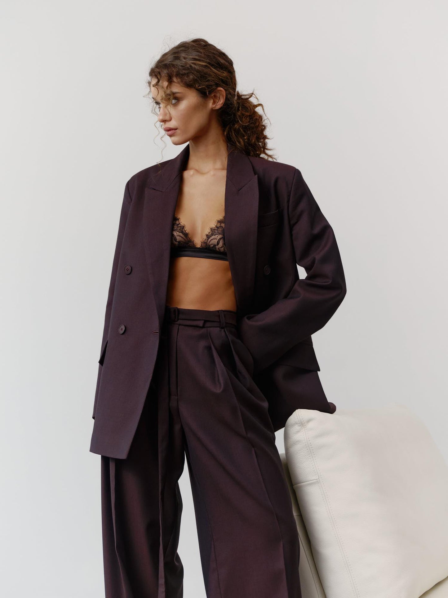 Two-piece relaxed fit wool suit with palazzo pants in dark burgundy