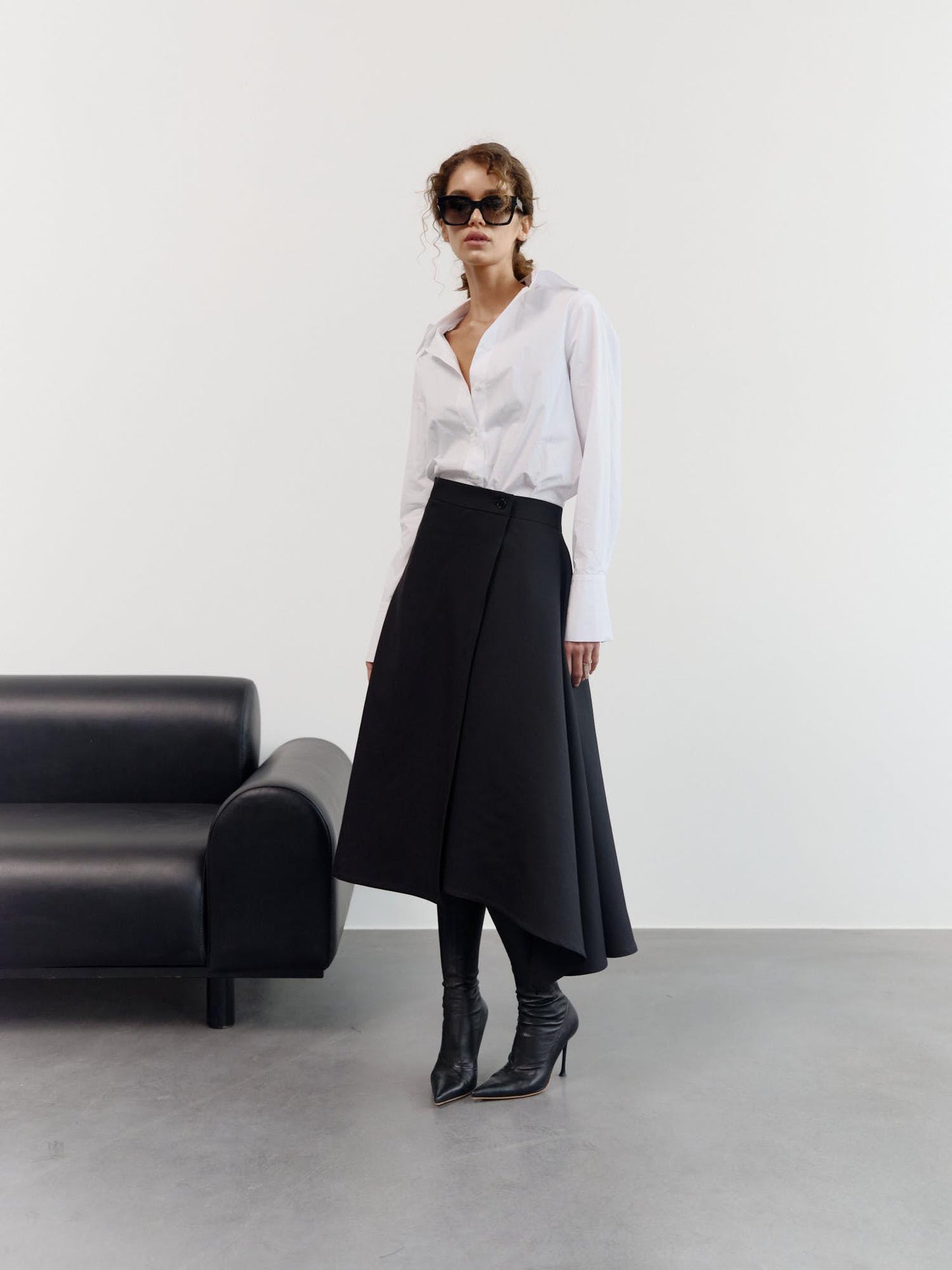 Jill asymmetric midi skirt in fine black wool