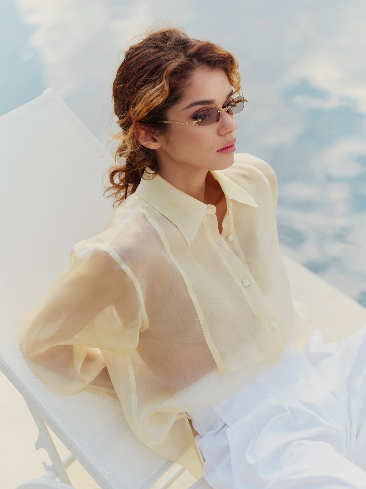 Bib-front oversized shirt in powder lime silk organza