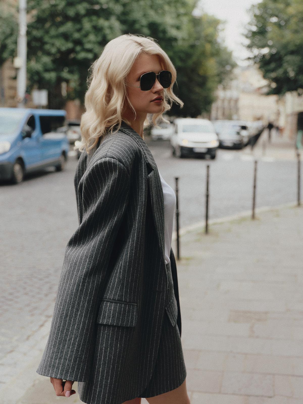 Two-piece warm set with Ralph contemporary fit wool jacket and mini skirt