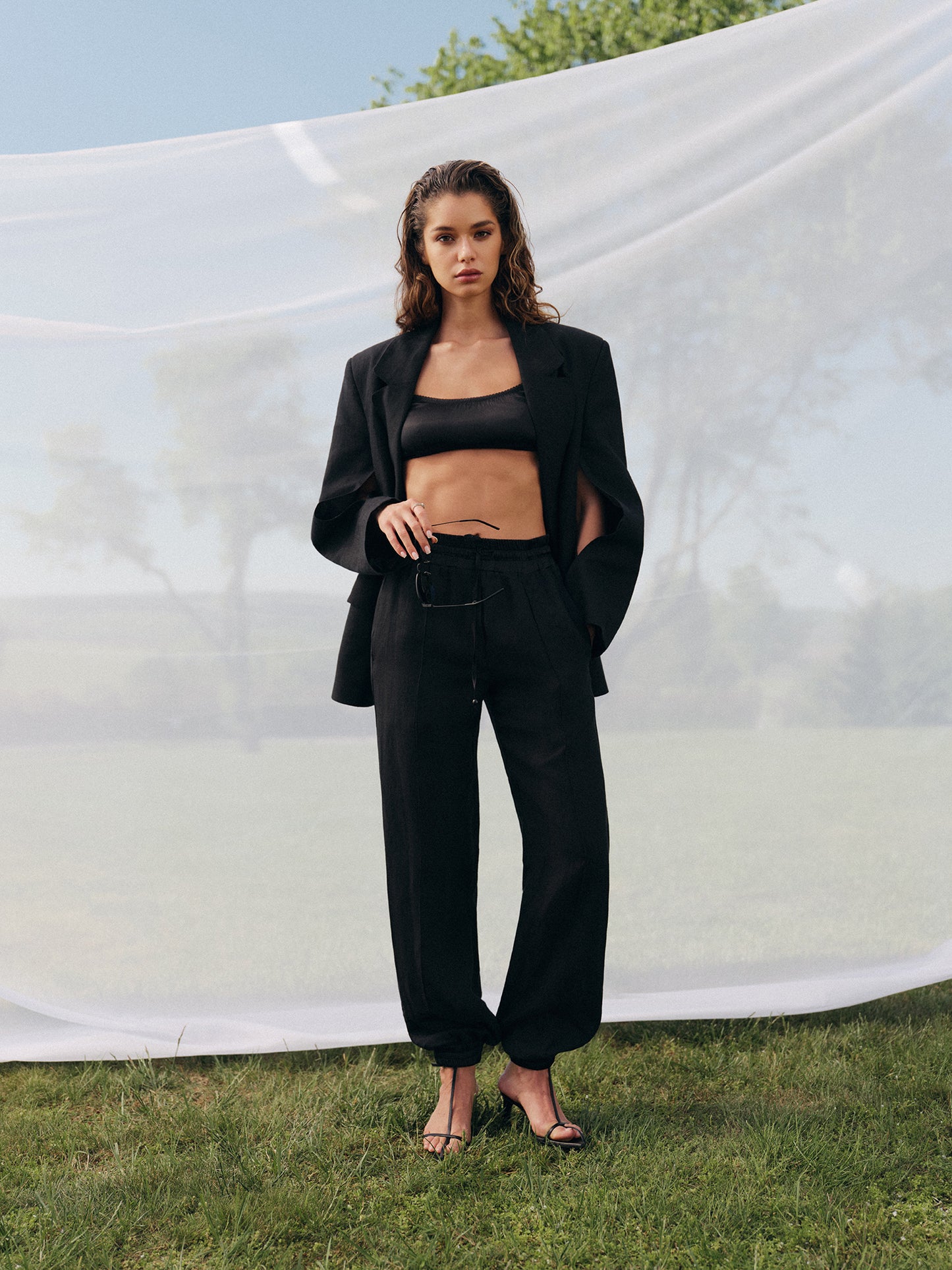 Yasmine stitched-in creases linen jogger-pants