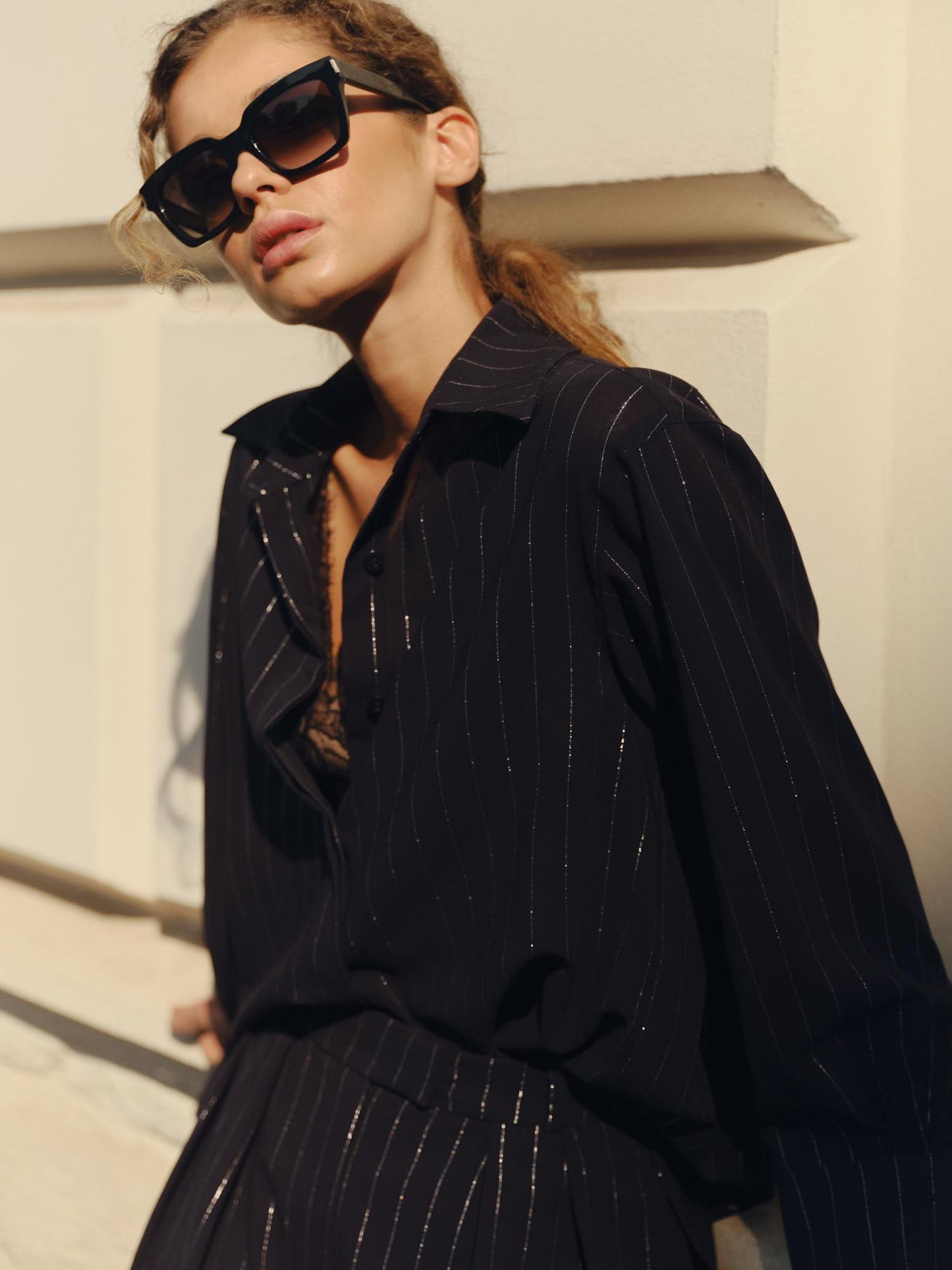 Two-piece set with loose fit pants and shirt in navy lurex stripe fine wool