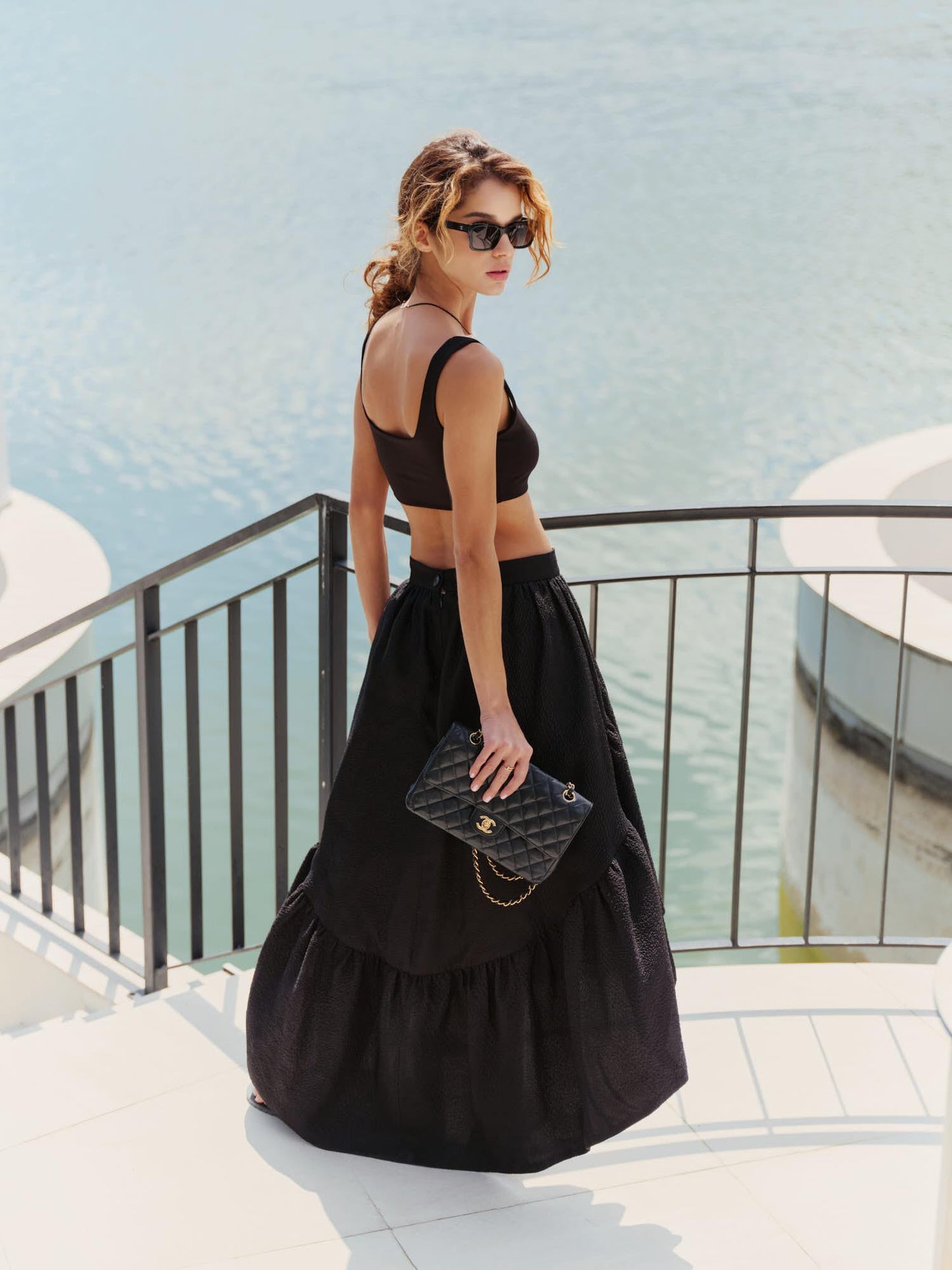 The Drama asymmetric skirt in black crinkle silk