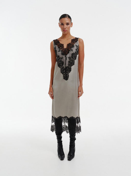Silk blend lace maxi dress with deep back V-cut