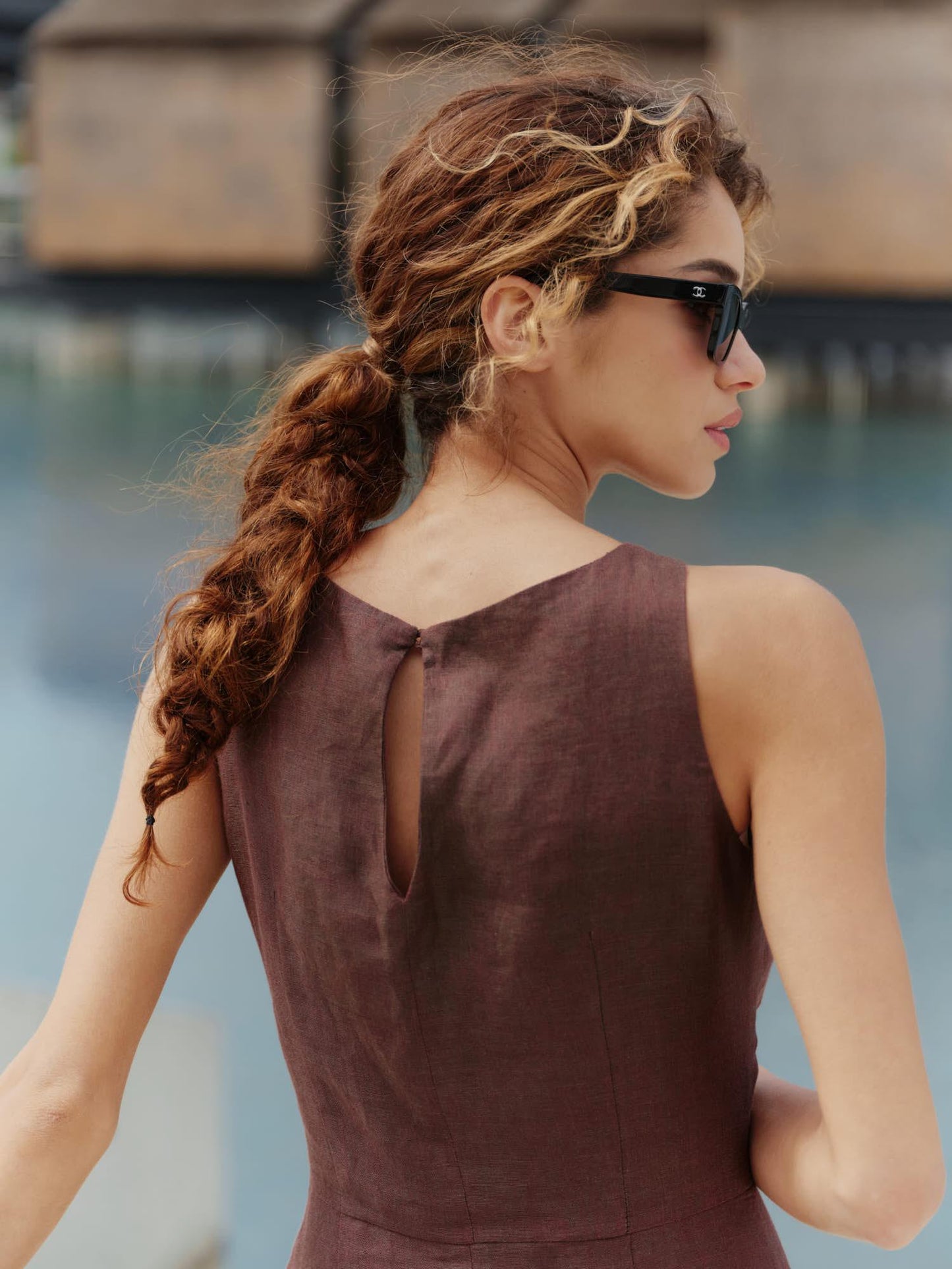 High neck fitted dress in structured linen
