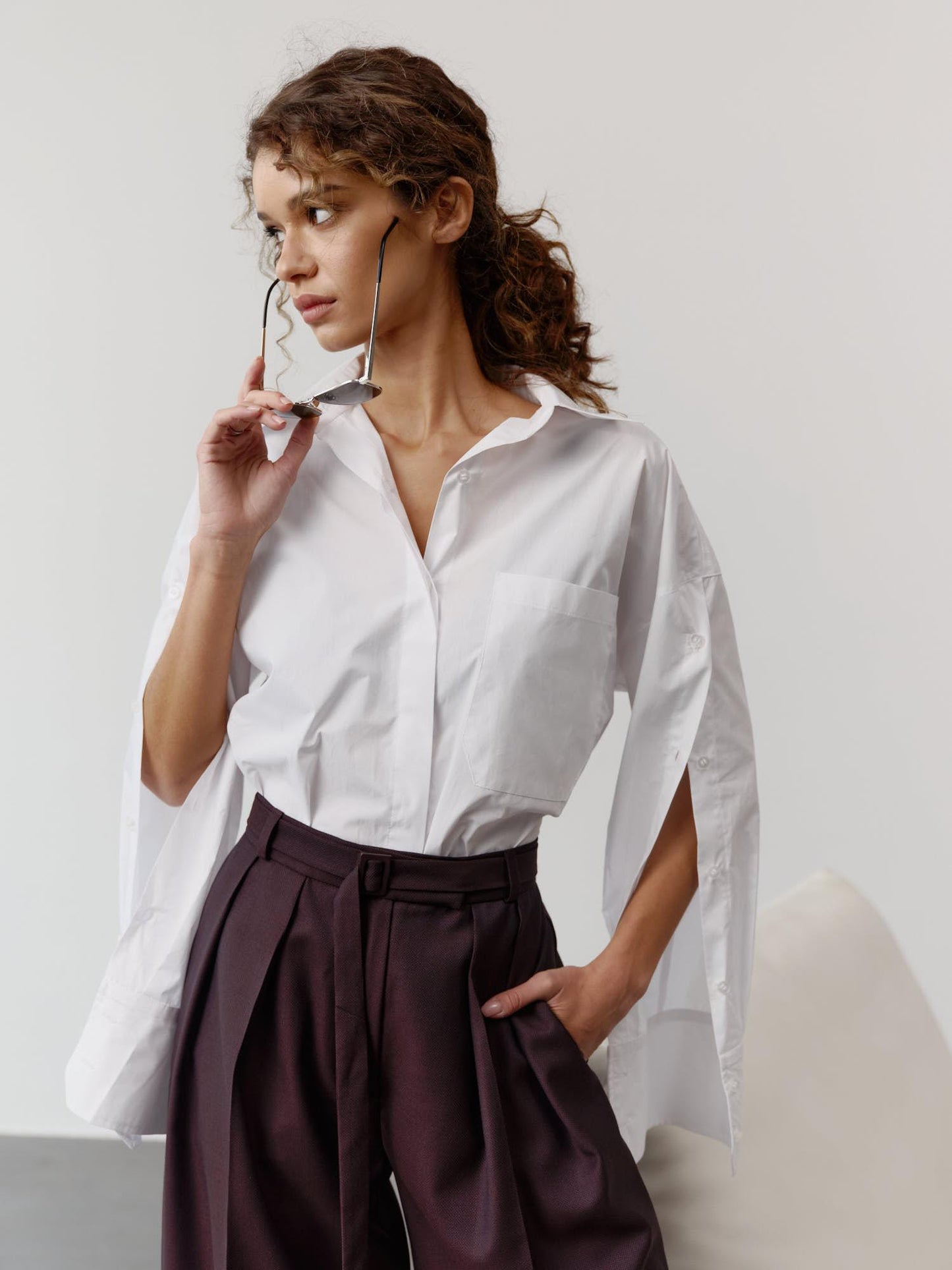 Relaxed fit cotton shirt with accent buttoned sleeves