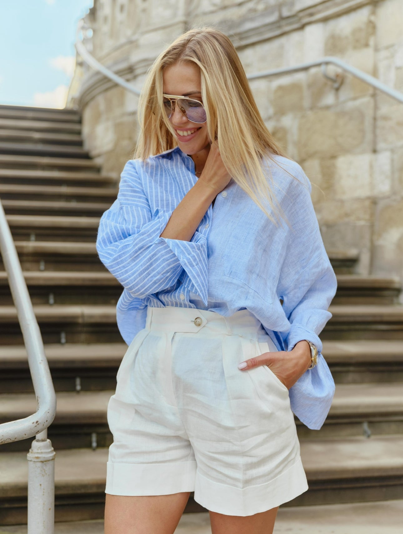 Blue stripe combo loose fit linen shirt