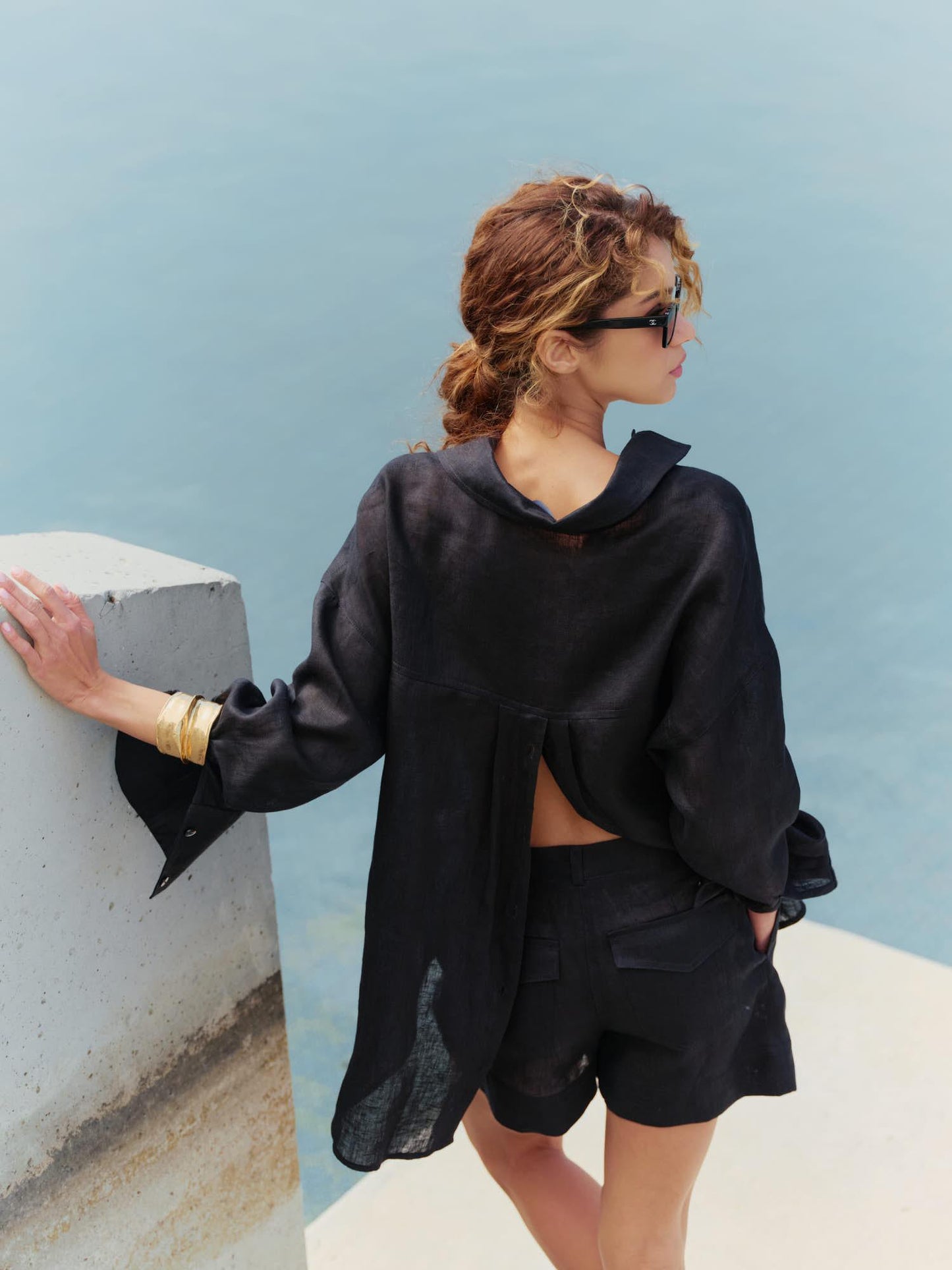 Two-piece linen set with oversized shirt and shorts