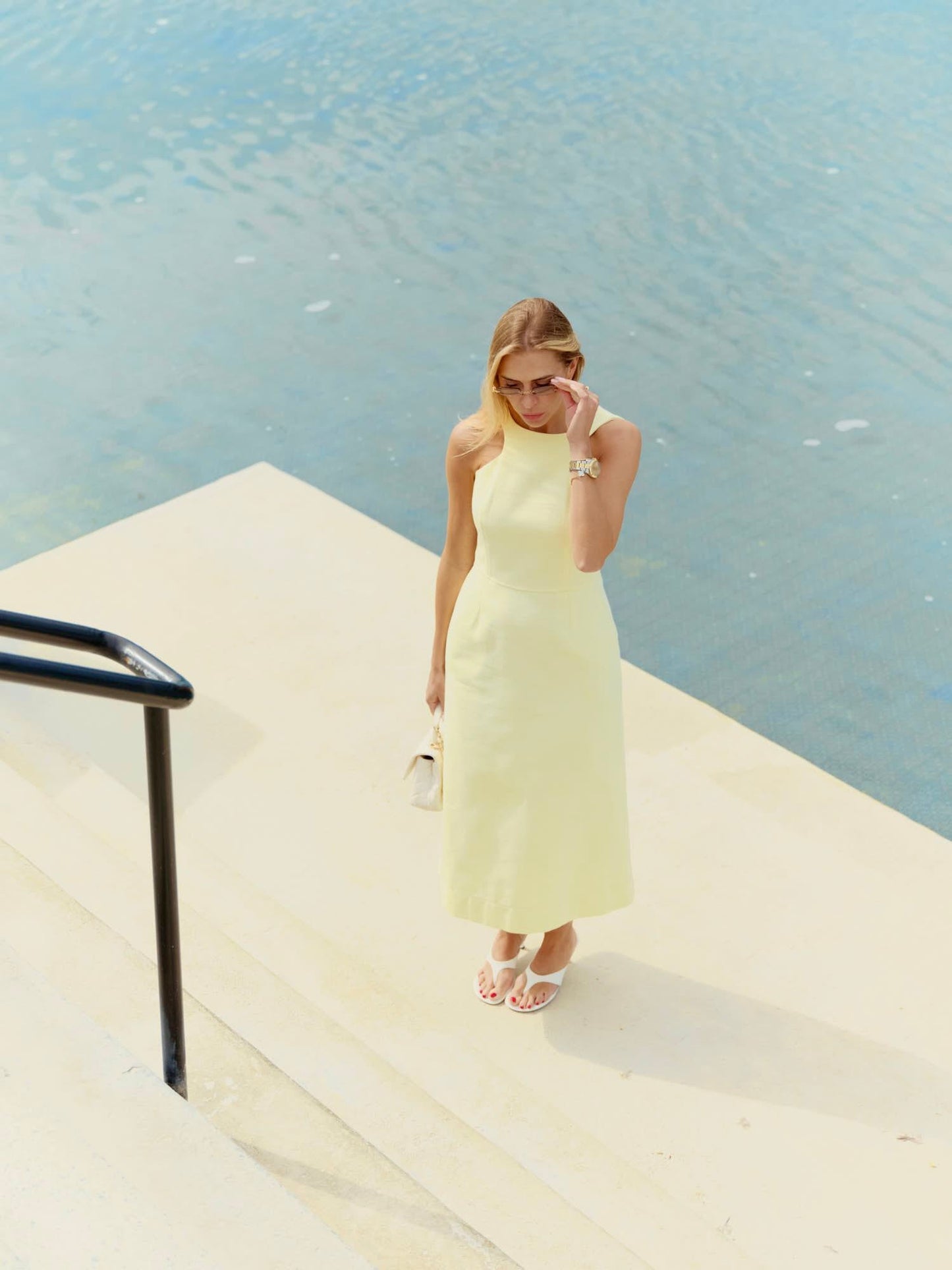 Audrey midi dress in powder lime structured linen