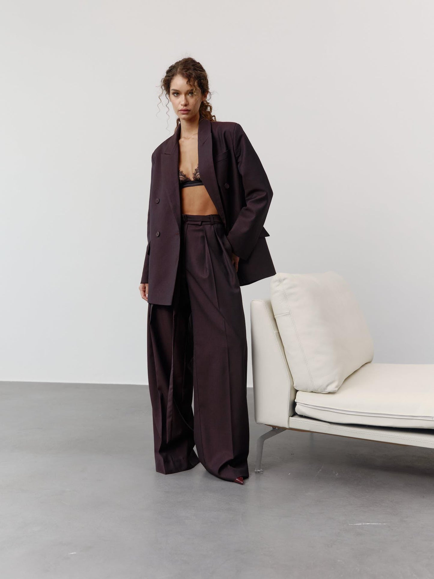 Two-piece relaxed fit wool suit with palazzo pants in dark burgundy