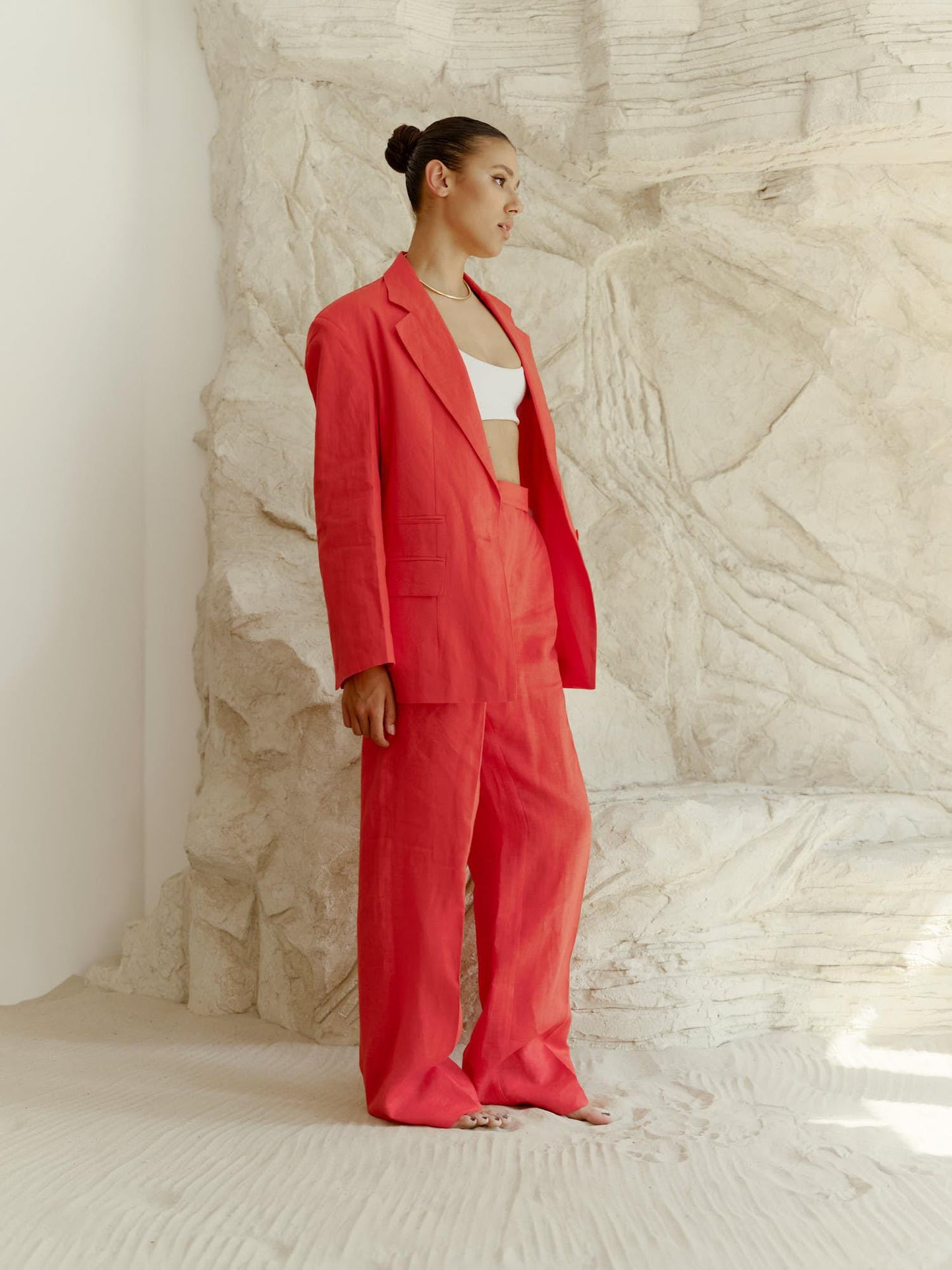 Two-piece linen set with wide leg pants