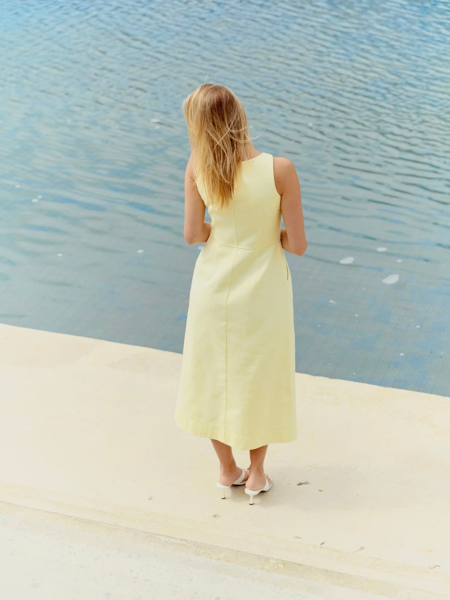 Audrey midi dress in powder lime structured linen