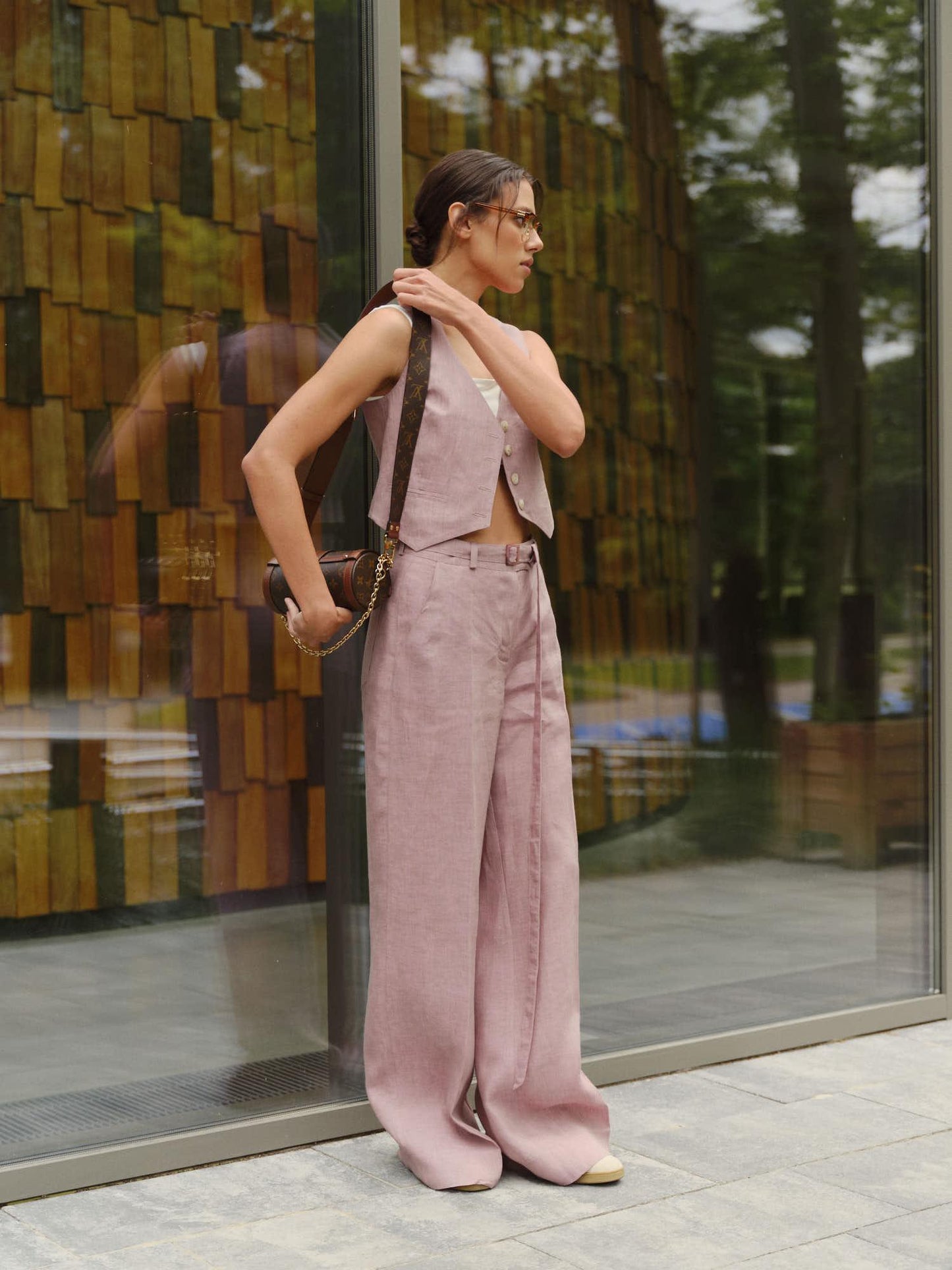 Two-piece linen blend suit with vest