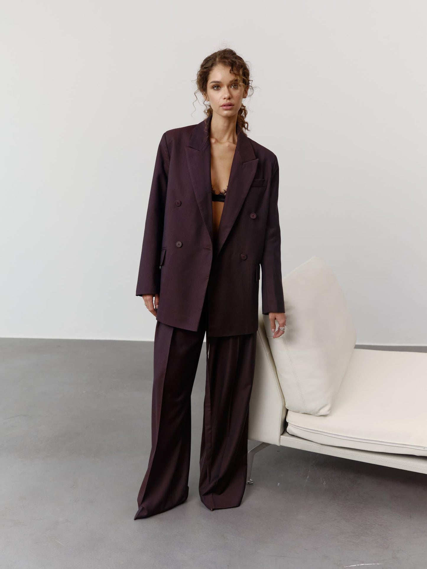 Two-piece relaxed fit wool suit with palazzo pants in dark burgundy