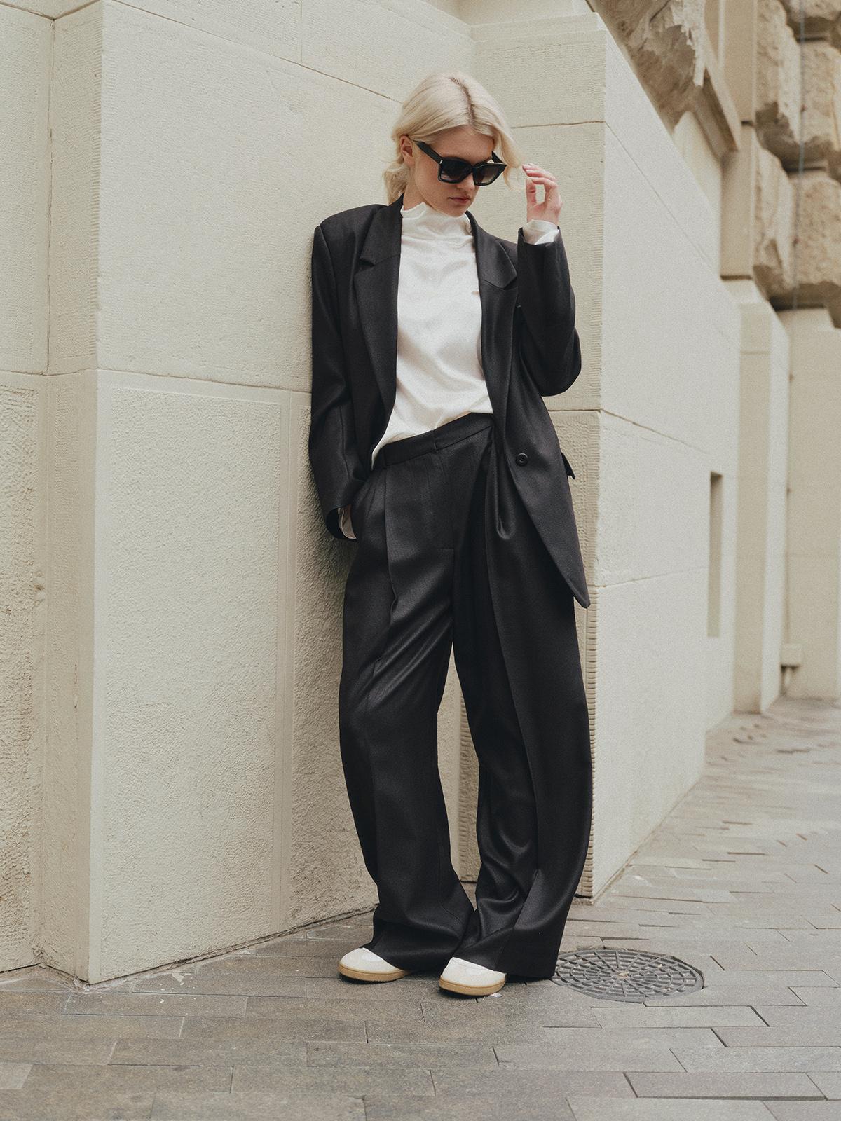 Two-piece contemporary fit suit with Ralph blazer and palazzo pants in structured wool silk blend