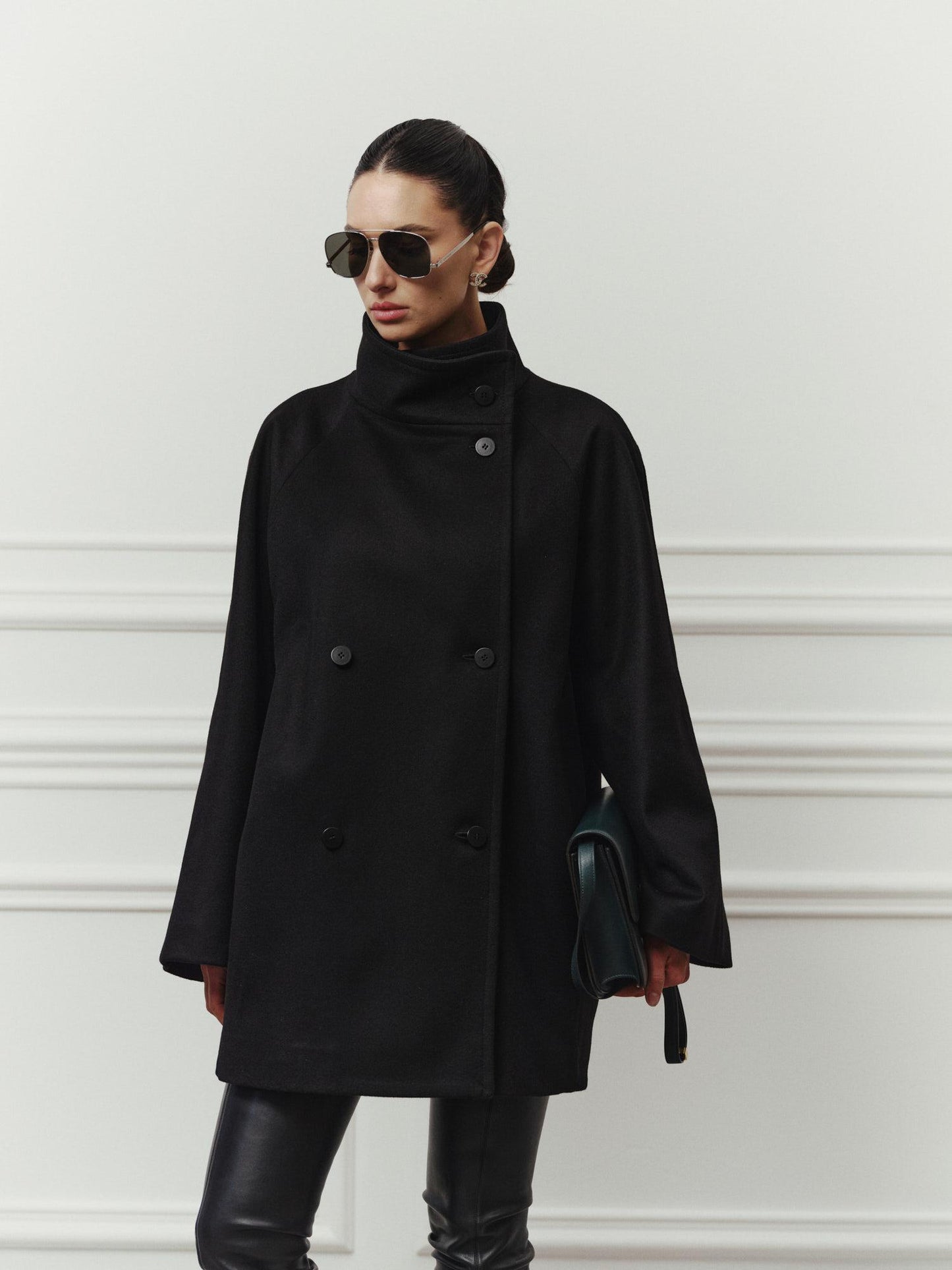 Cocoon double-breasted midi wool coat with high collar
