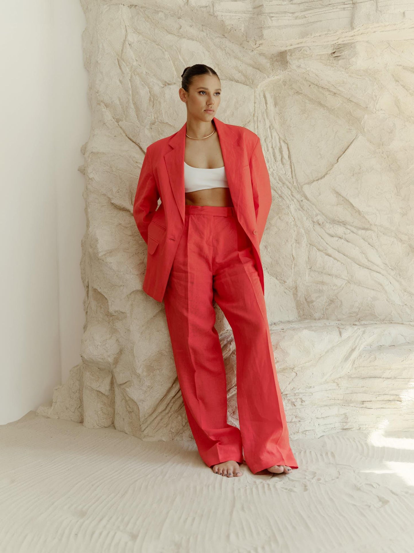 Two-piece linen set with wide leg pants
