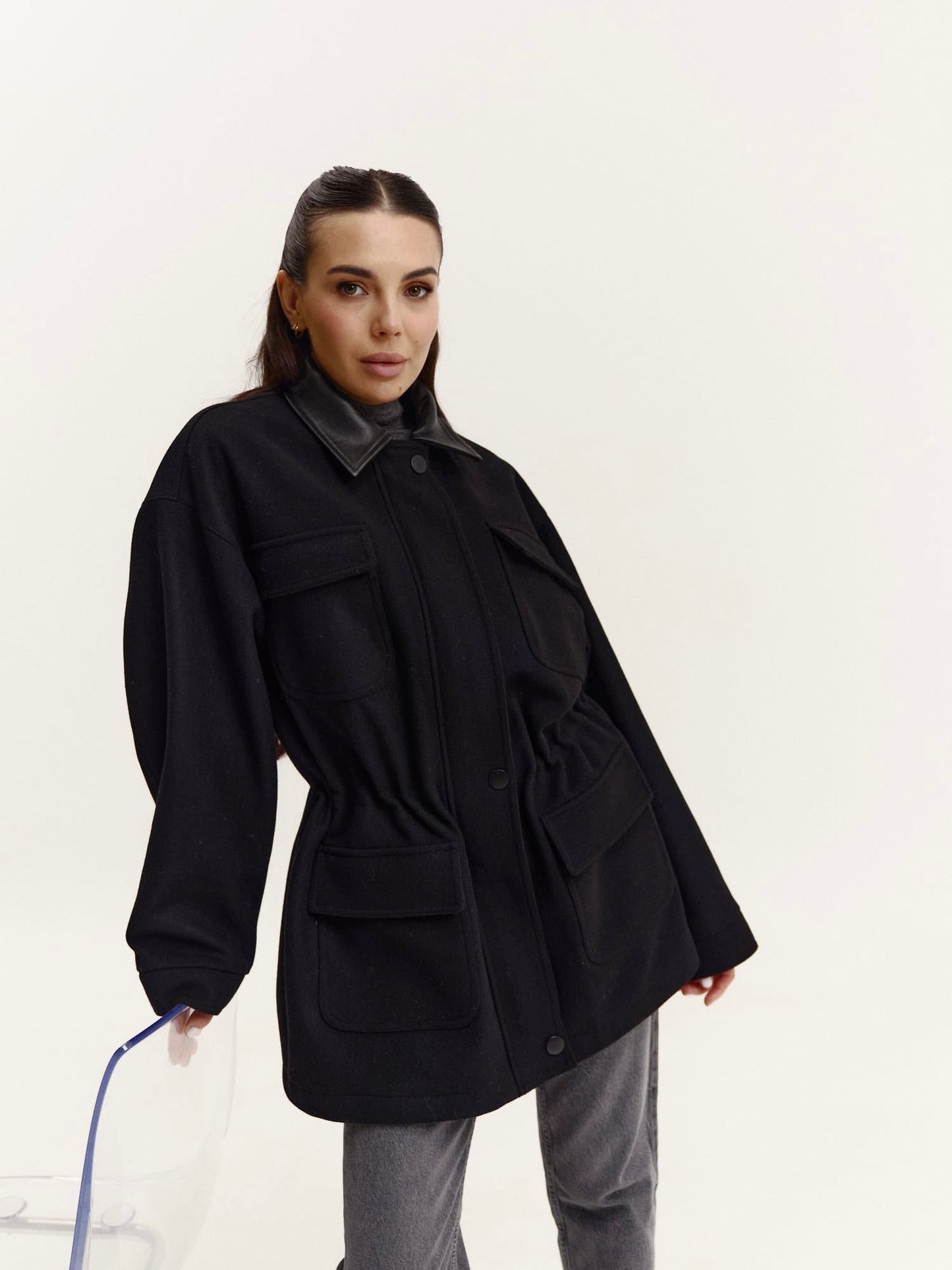 Trending wool utility jacket with leather details