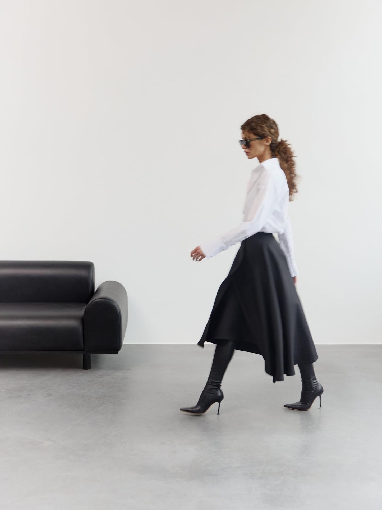 Jill asymmetric midi skirt in fine black wool