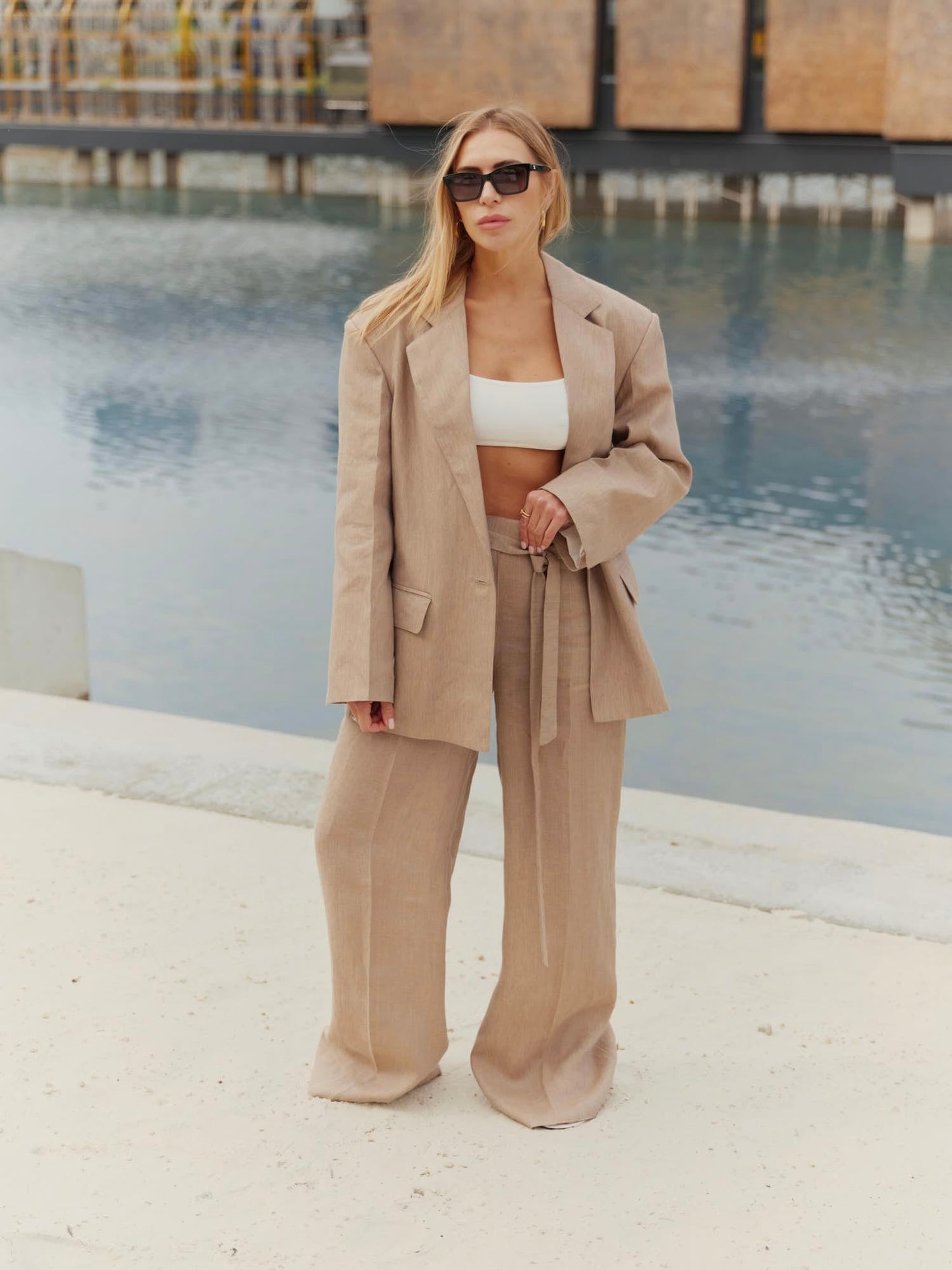 Two-piece loose fit suit with Alex palazzo in pearl beige linen