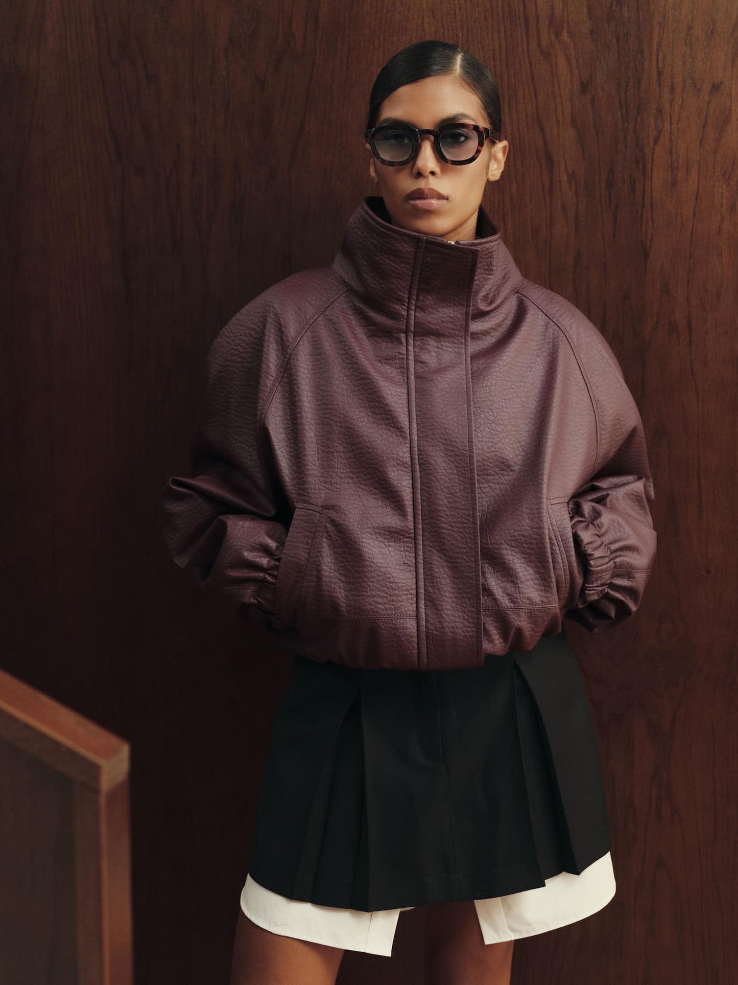 Future leather lined bomber jacket in deep velvet burgundy