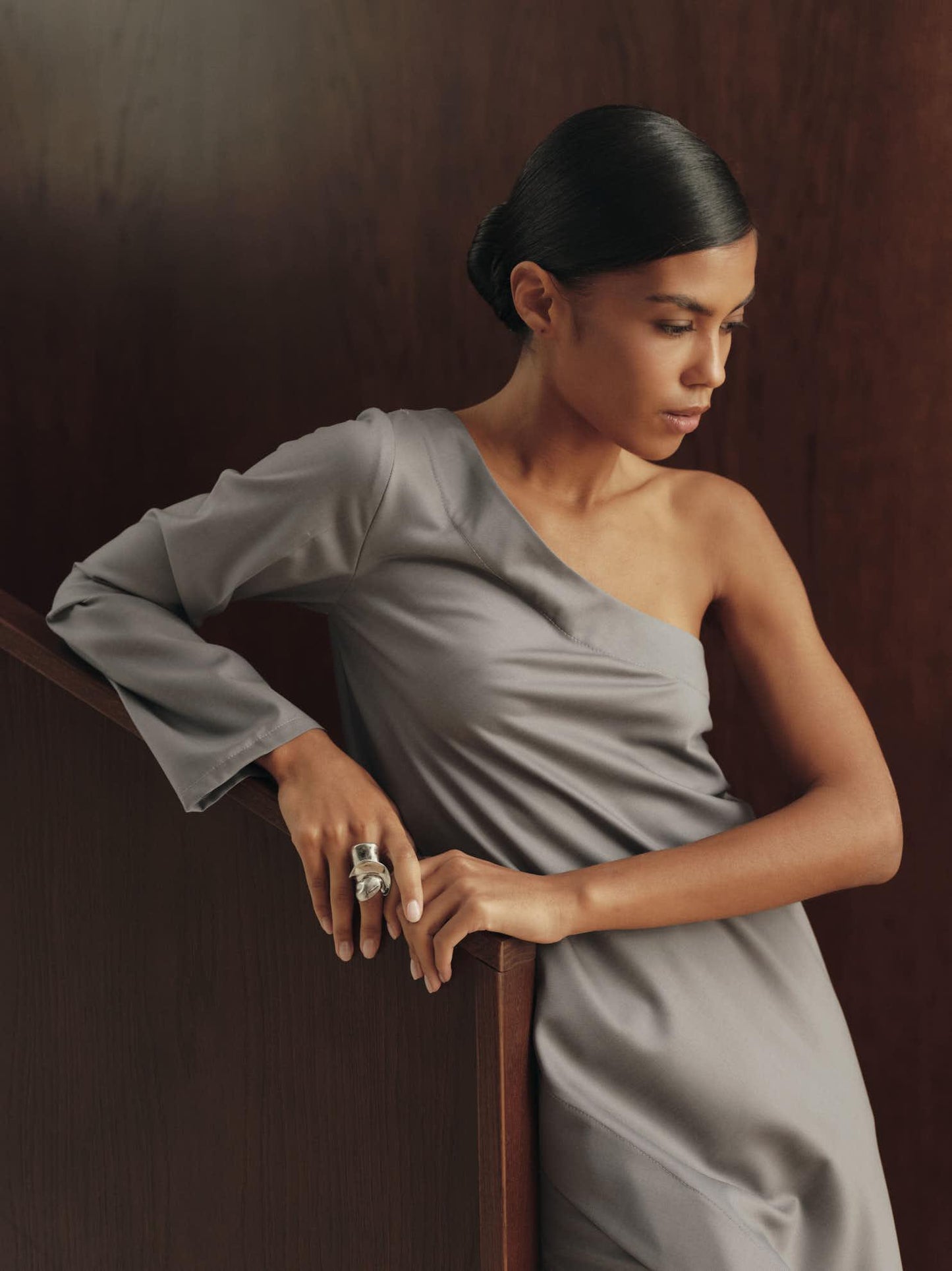 Maxi asymmetric wool off-shoulder tunic