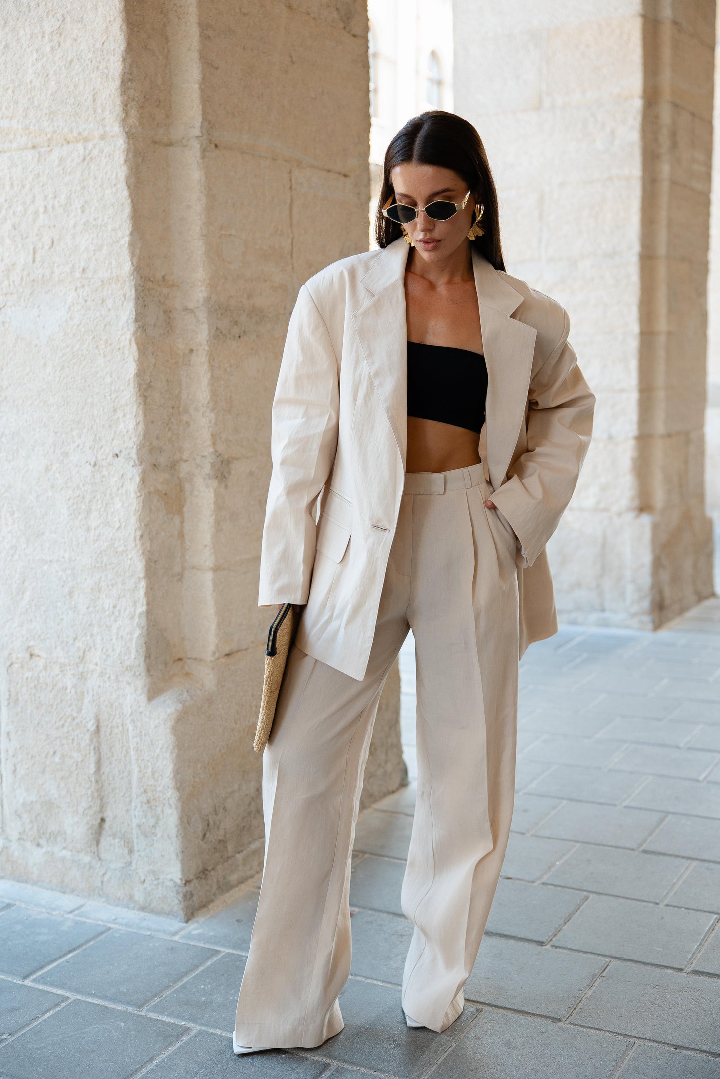 Two-piece loose fit suit with Alex palazzo in powder gold linen