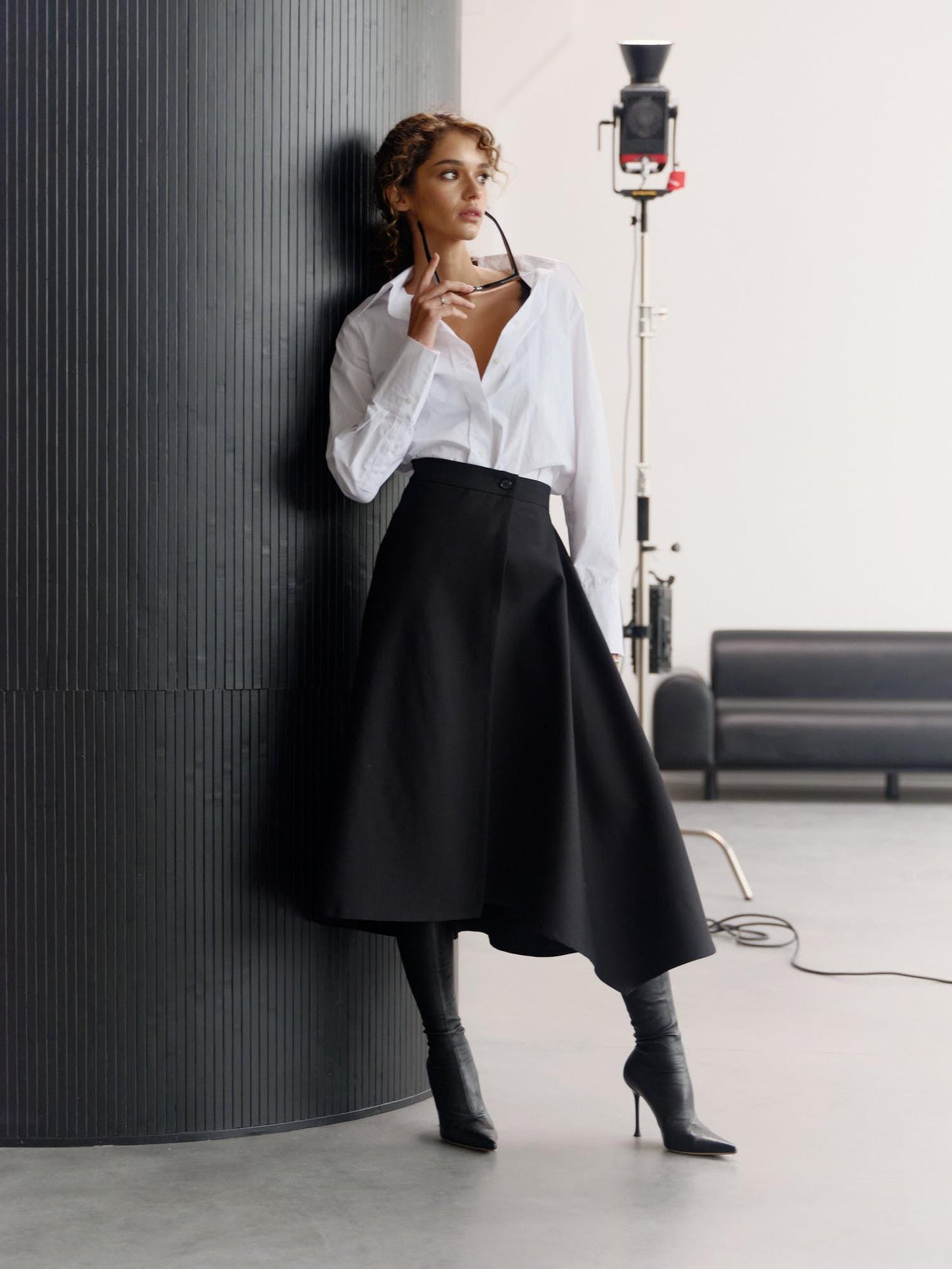 Jill asymmetric midi skirt in fine black wool
