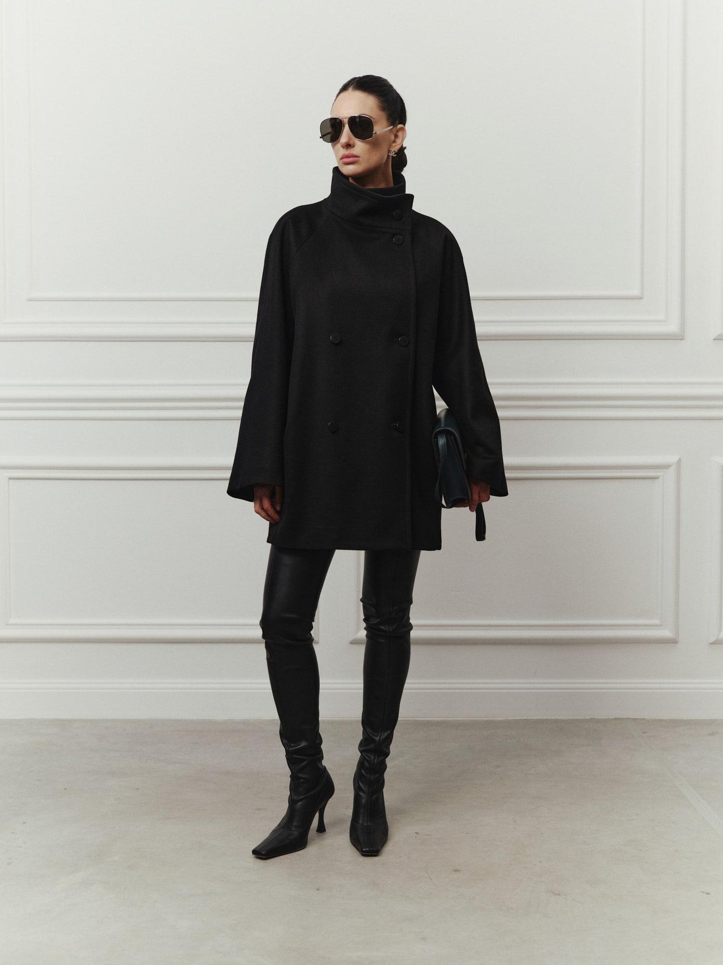 Cocoon double-breasted midi wool coat with high collar