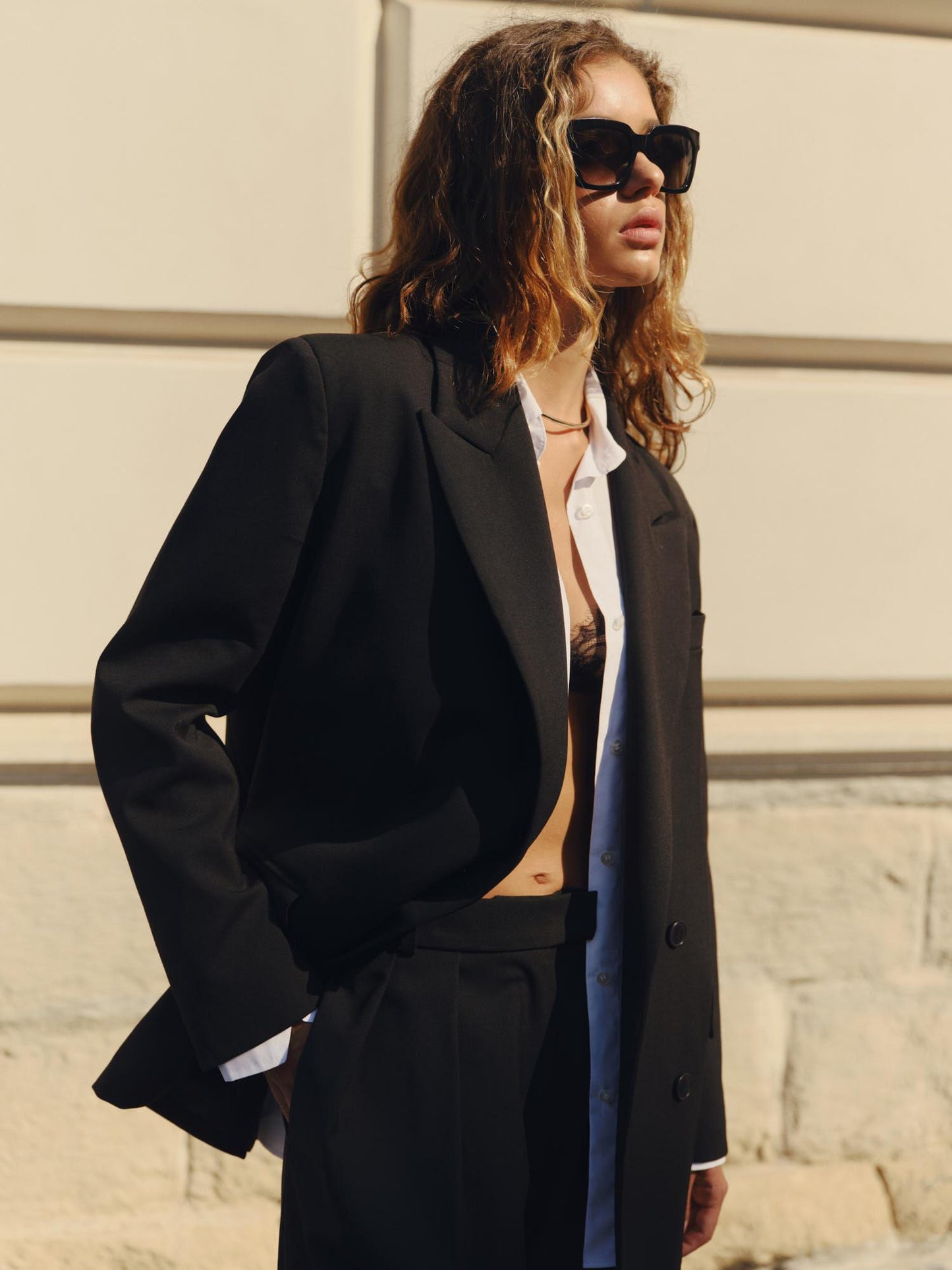 Two-piece relaxed fit wool suit with palazzo pants