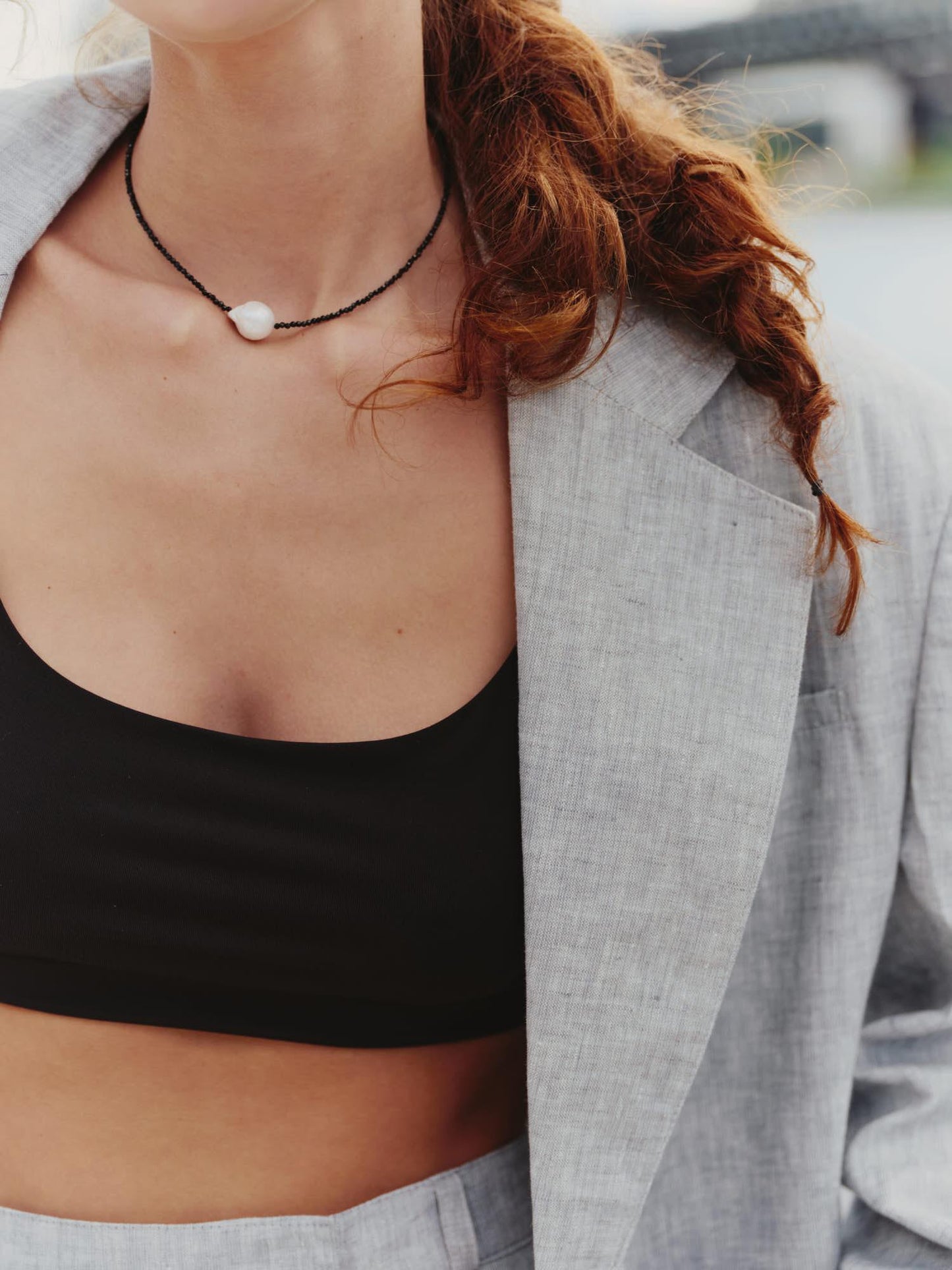 Two-piece loose fit suit with palazzo pants in light grey linen