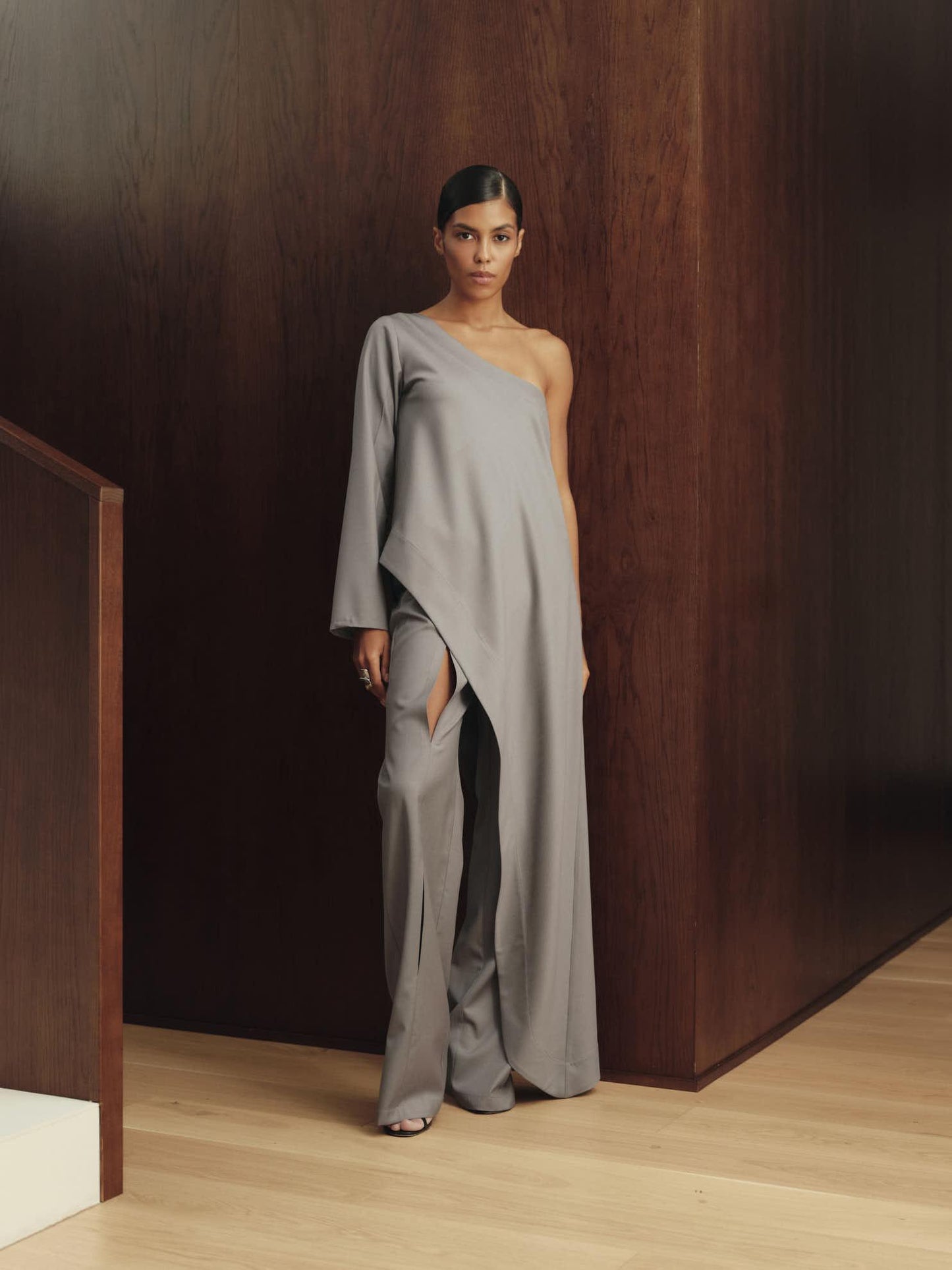 Maxi asymmetric wool off-shoulder tunic