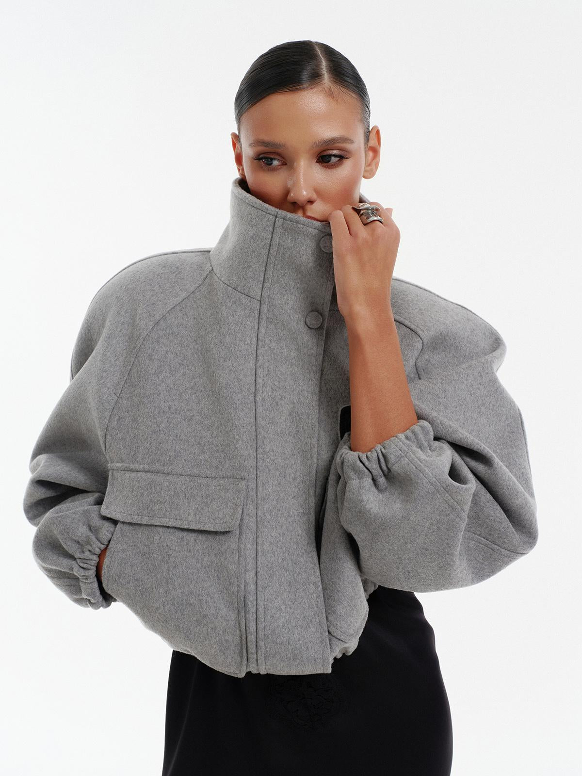 High neck bomber jacket in grey virgin wool