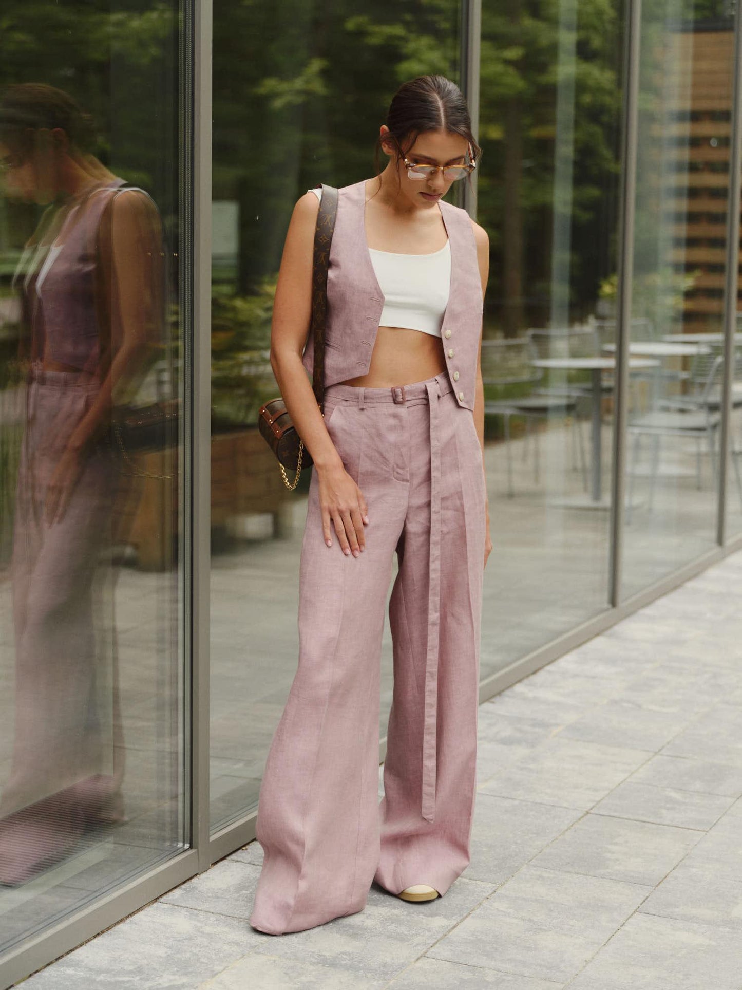 Two-piece linen blend suit with vest