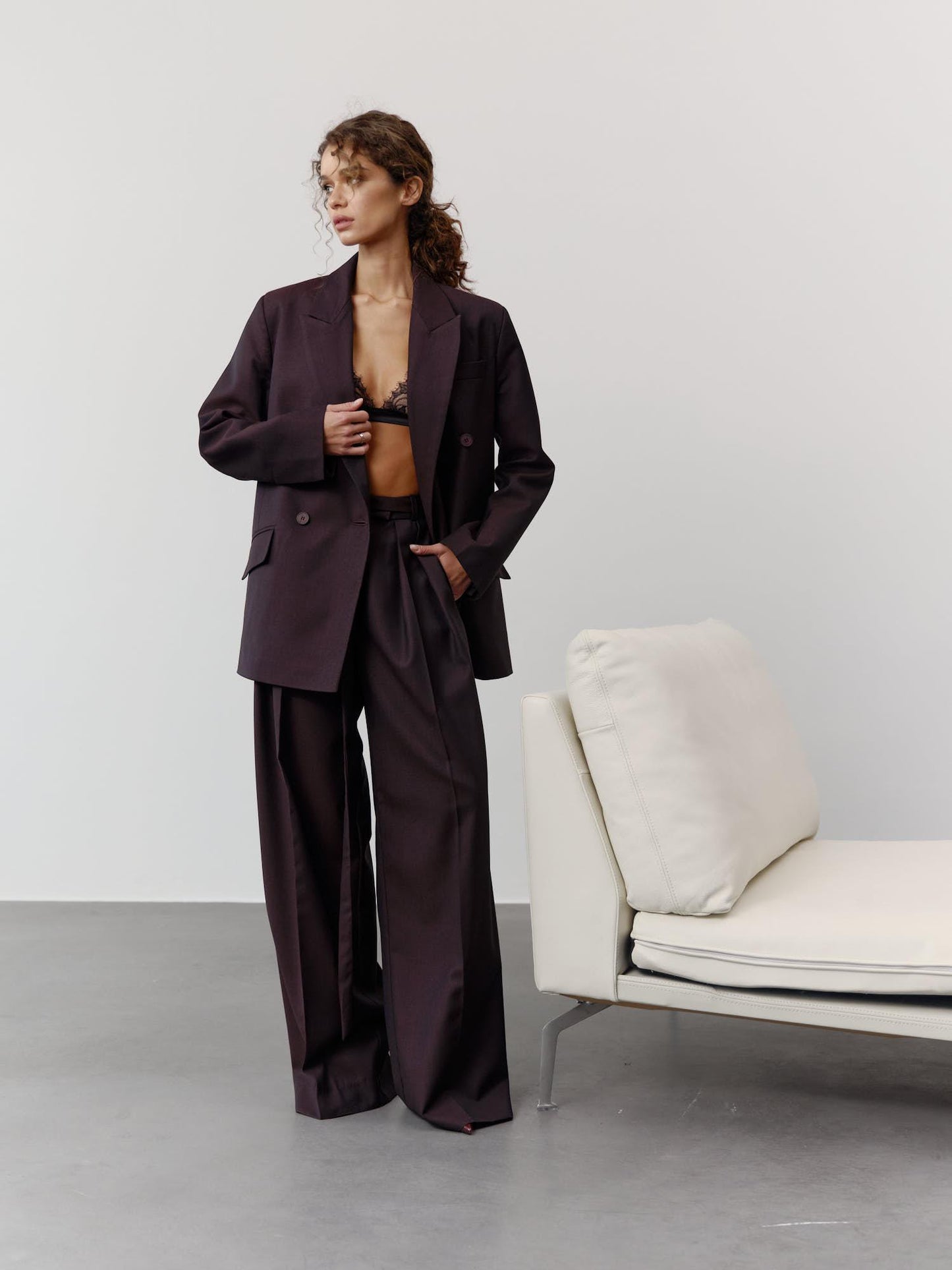 Two-piece relaxed fit wool suit with palazzo pants in dark burgundy