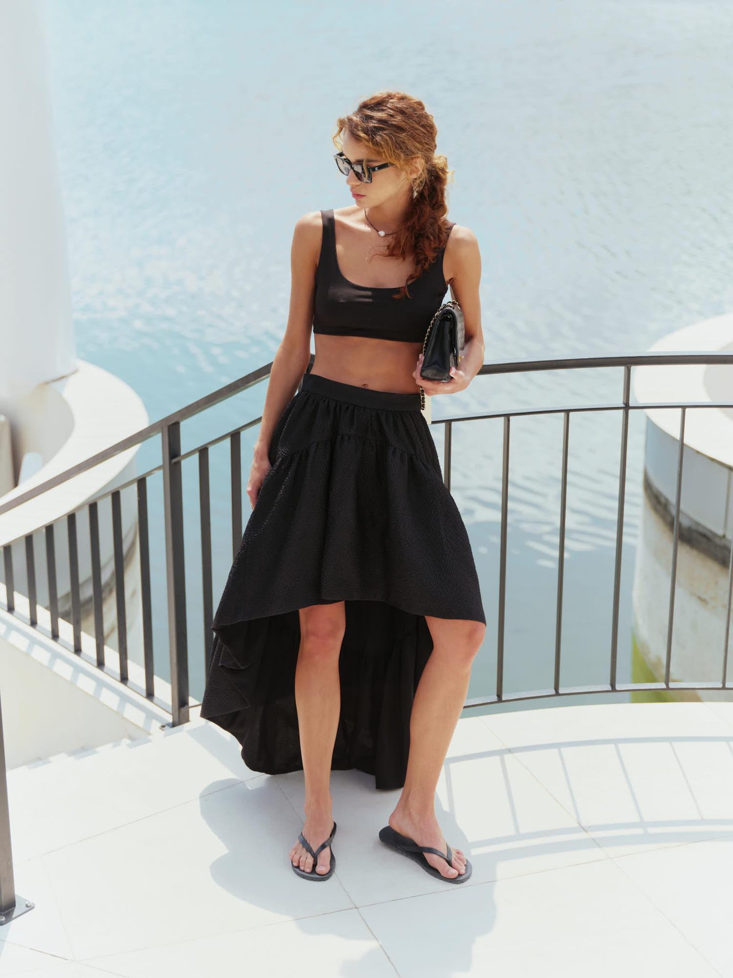 The Drama asymmetric skirt in black crinkle silk