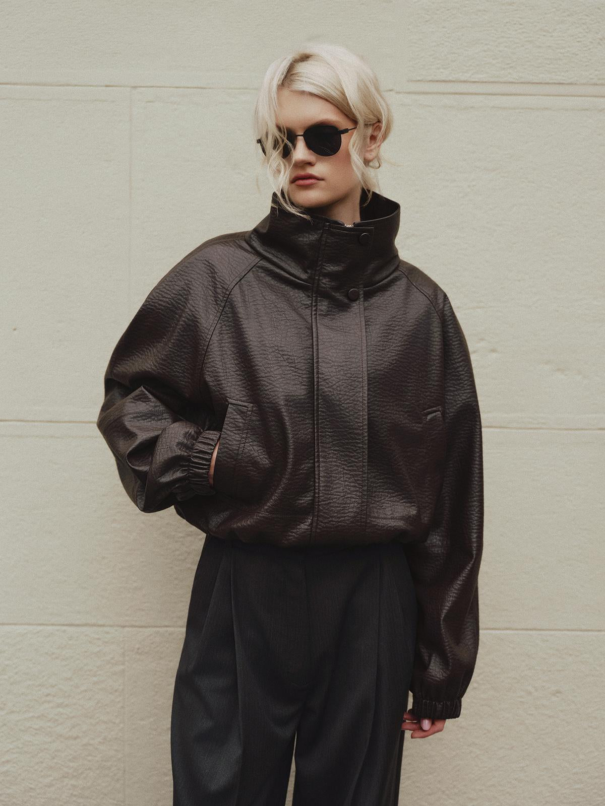 Vegan leather insulated bomber jacket in deep velvet brown