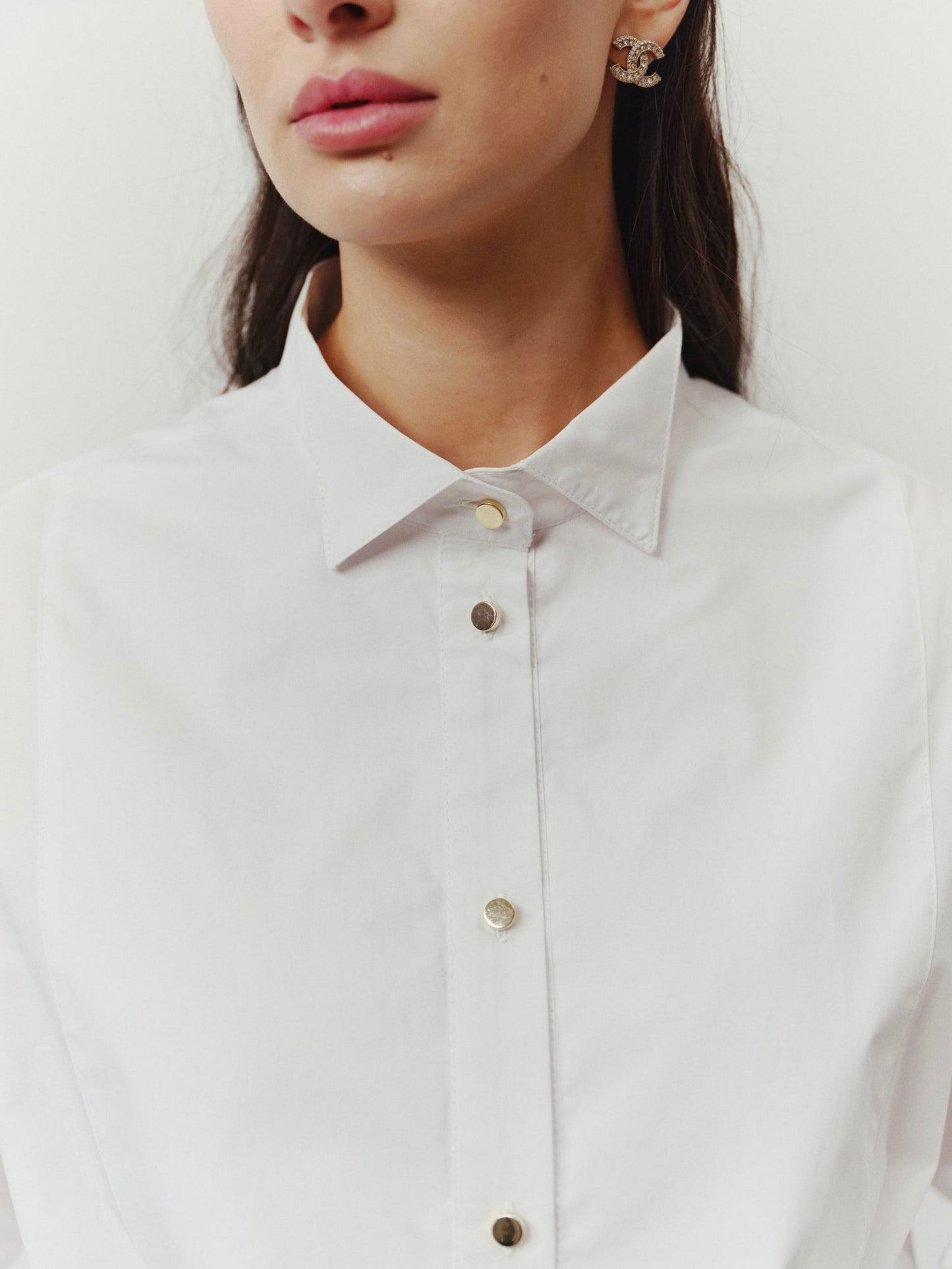 Bib-front oversized cotton shirt with accent gold buttons