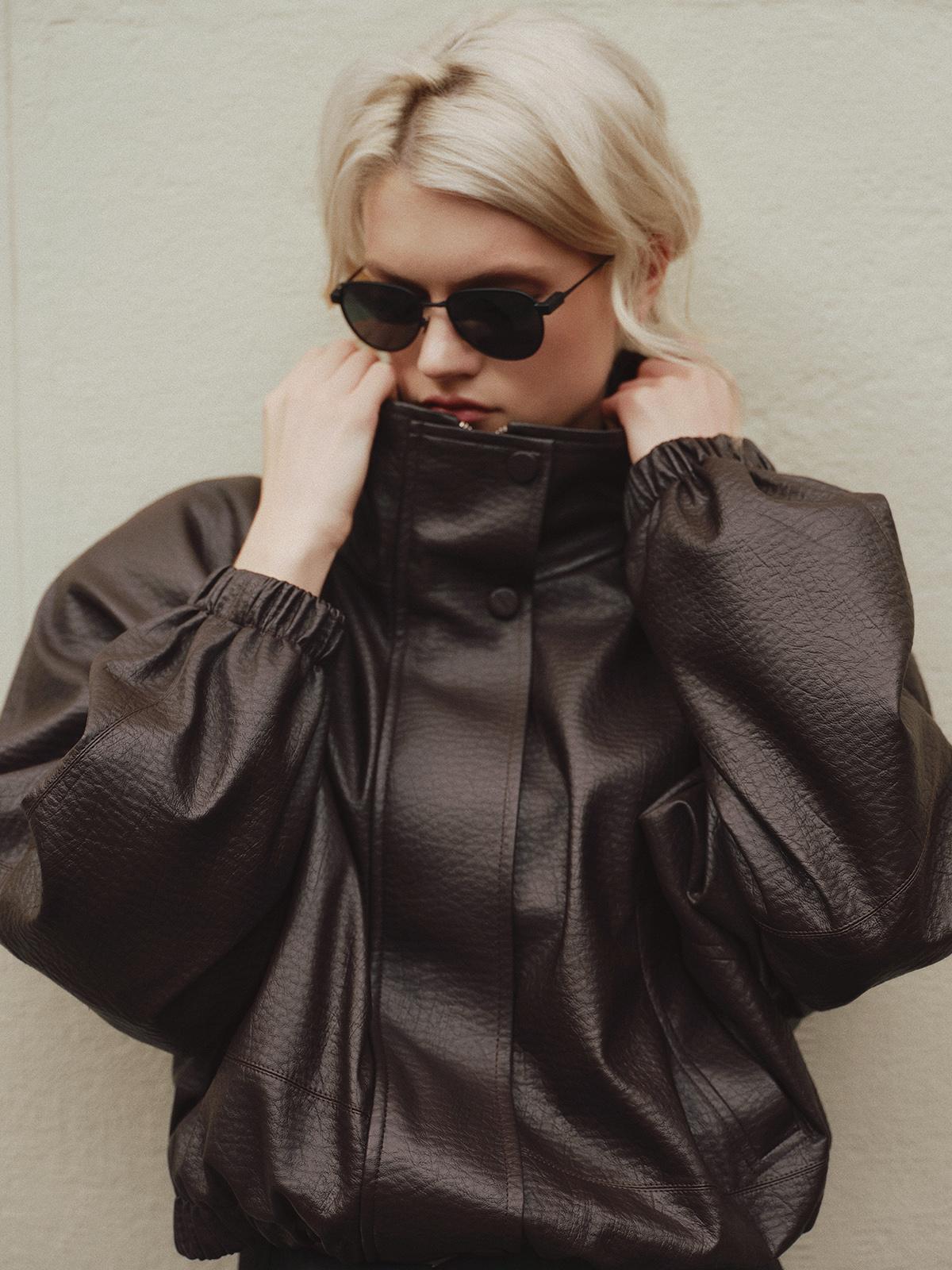 Vegan leather insulated bomber jacket in deep velvet brown