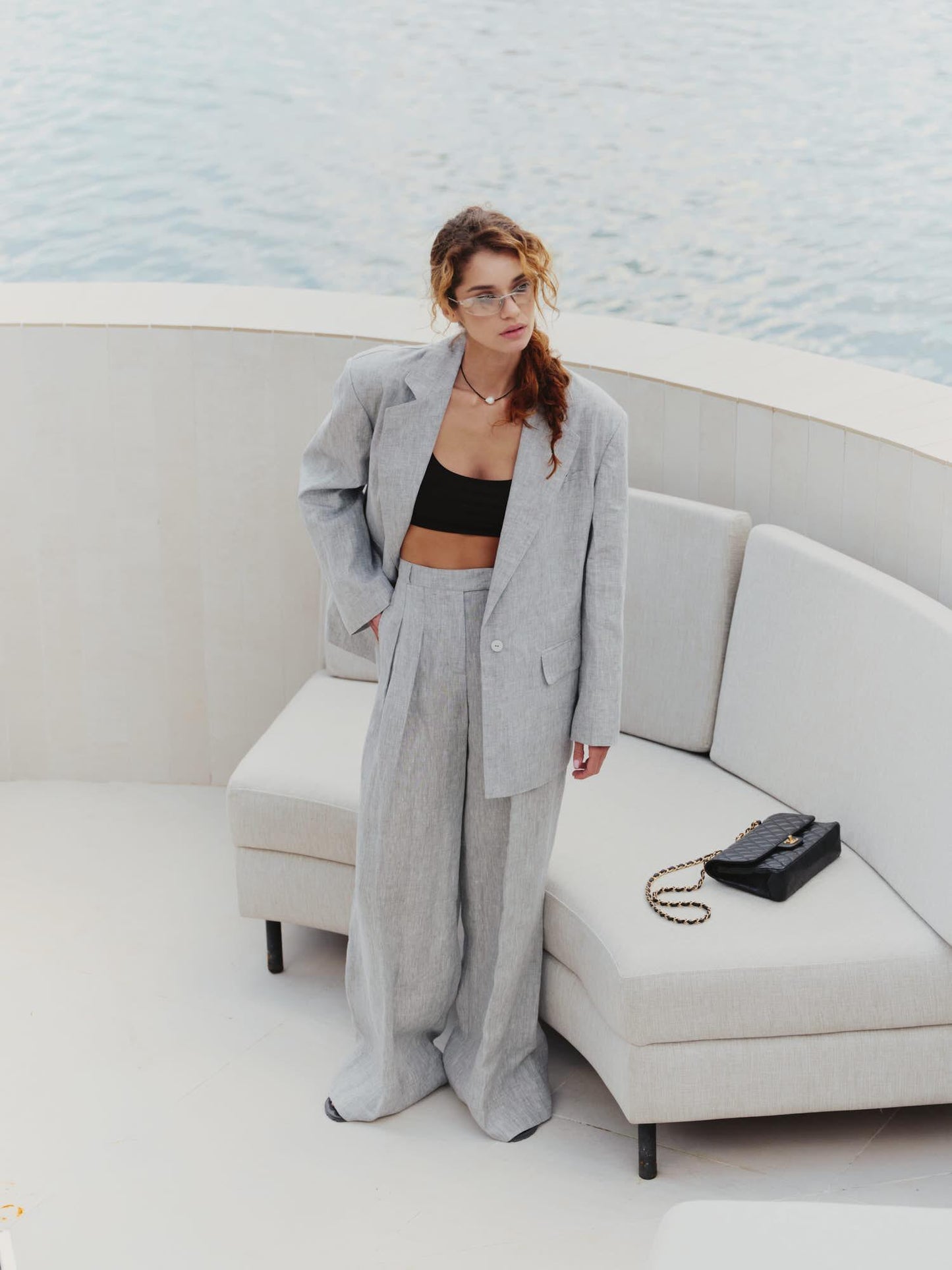 Two-piece loose fit suit with palazzo pants in light grey linen
