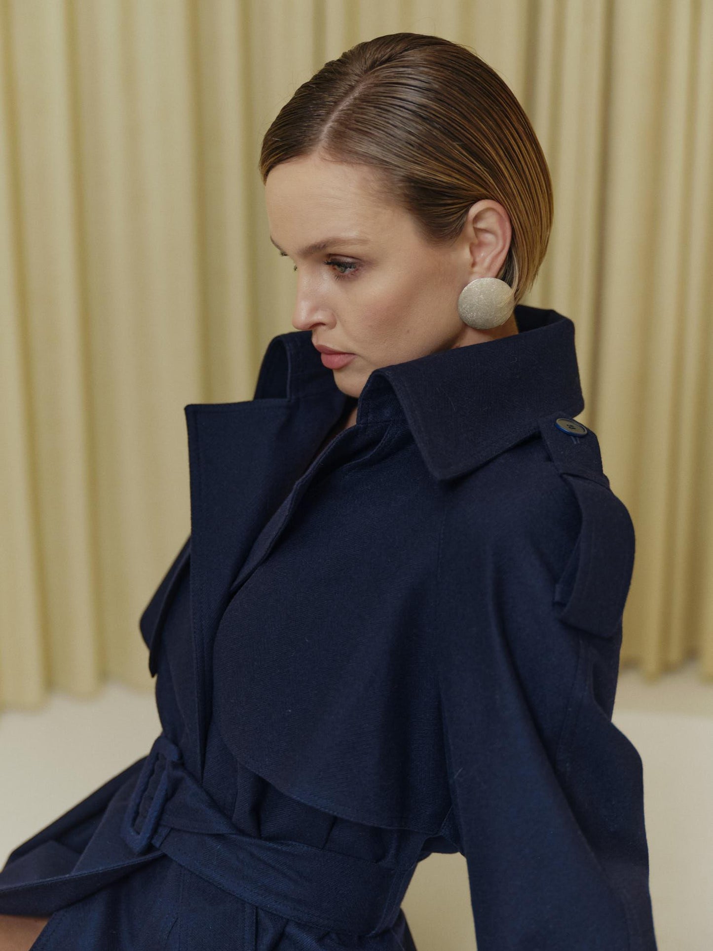 Wool blend waterproof trench coat in navy color