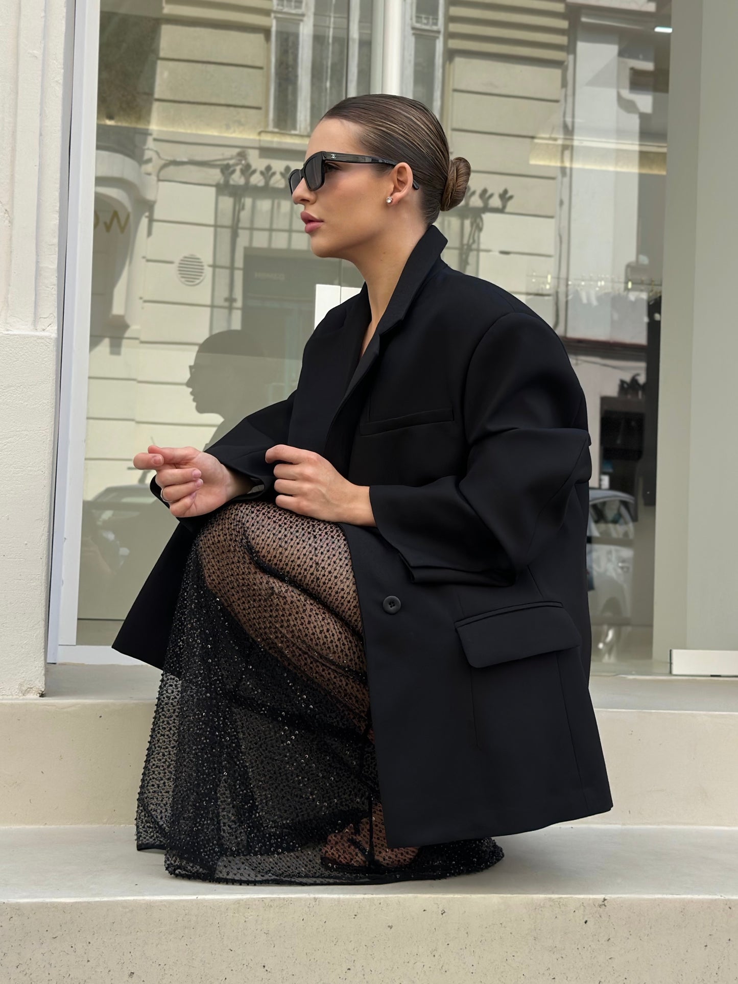Tayra contemporary fit wool blazer with accent sleeve