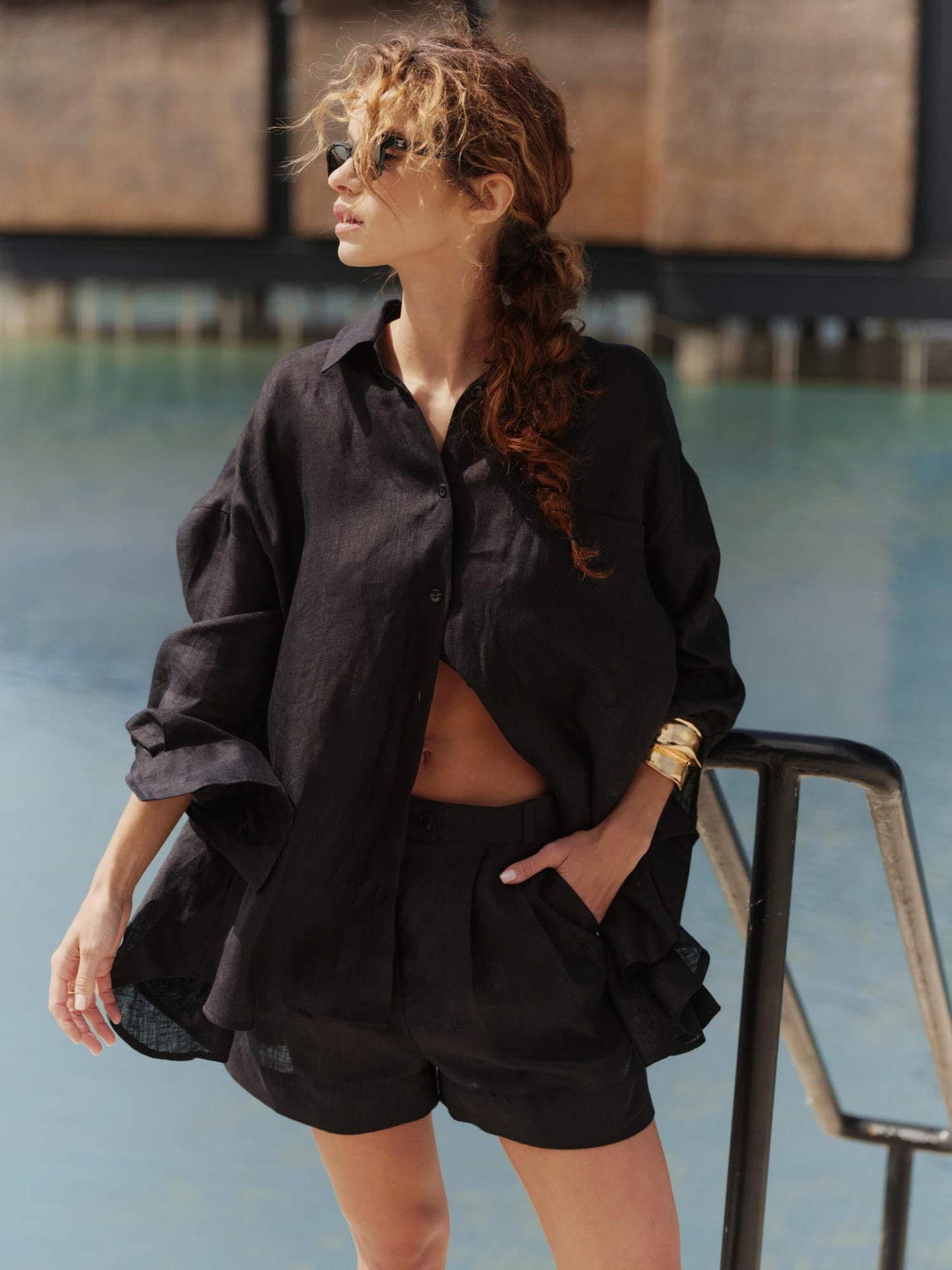 Two-piece linen set with oversized shirt and shorts