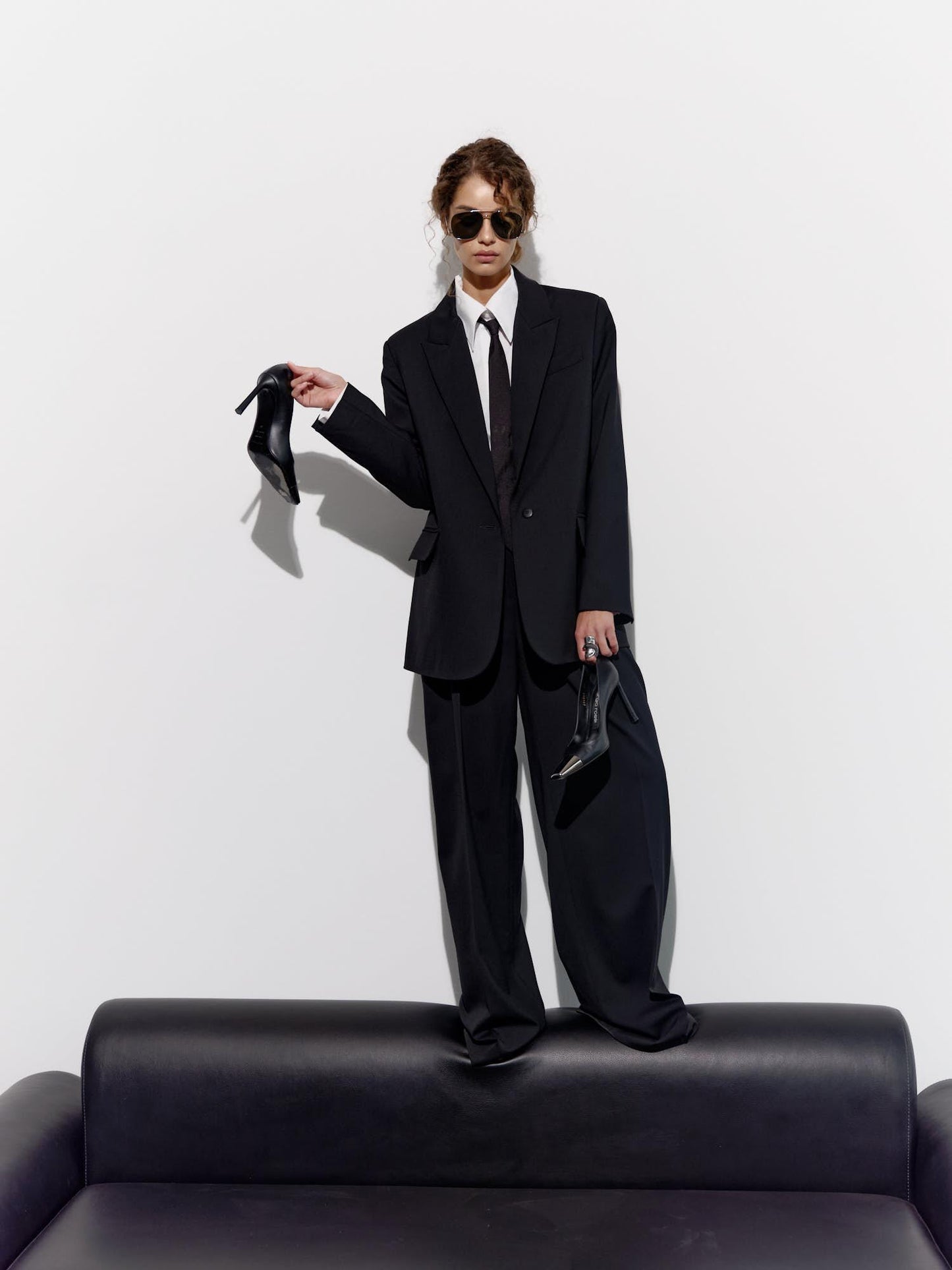 Two-piece relaxed fit wool suit with palazzo pants