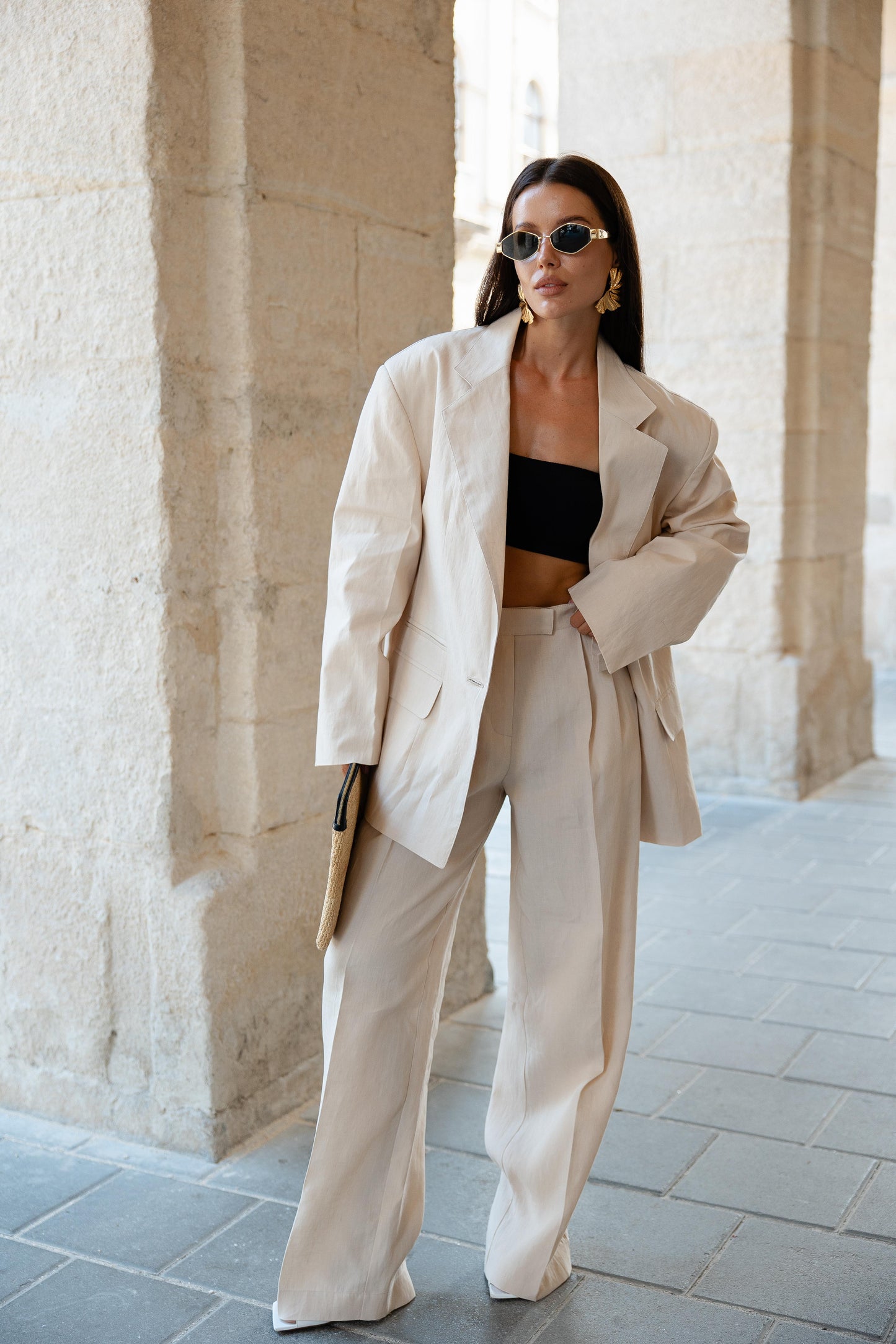 Two-piece loose fit suit with Alex palazzo in powder gold linen