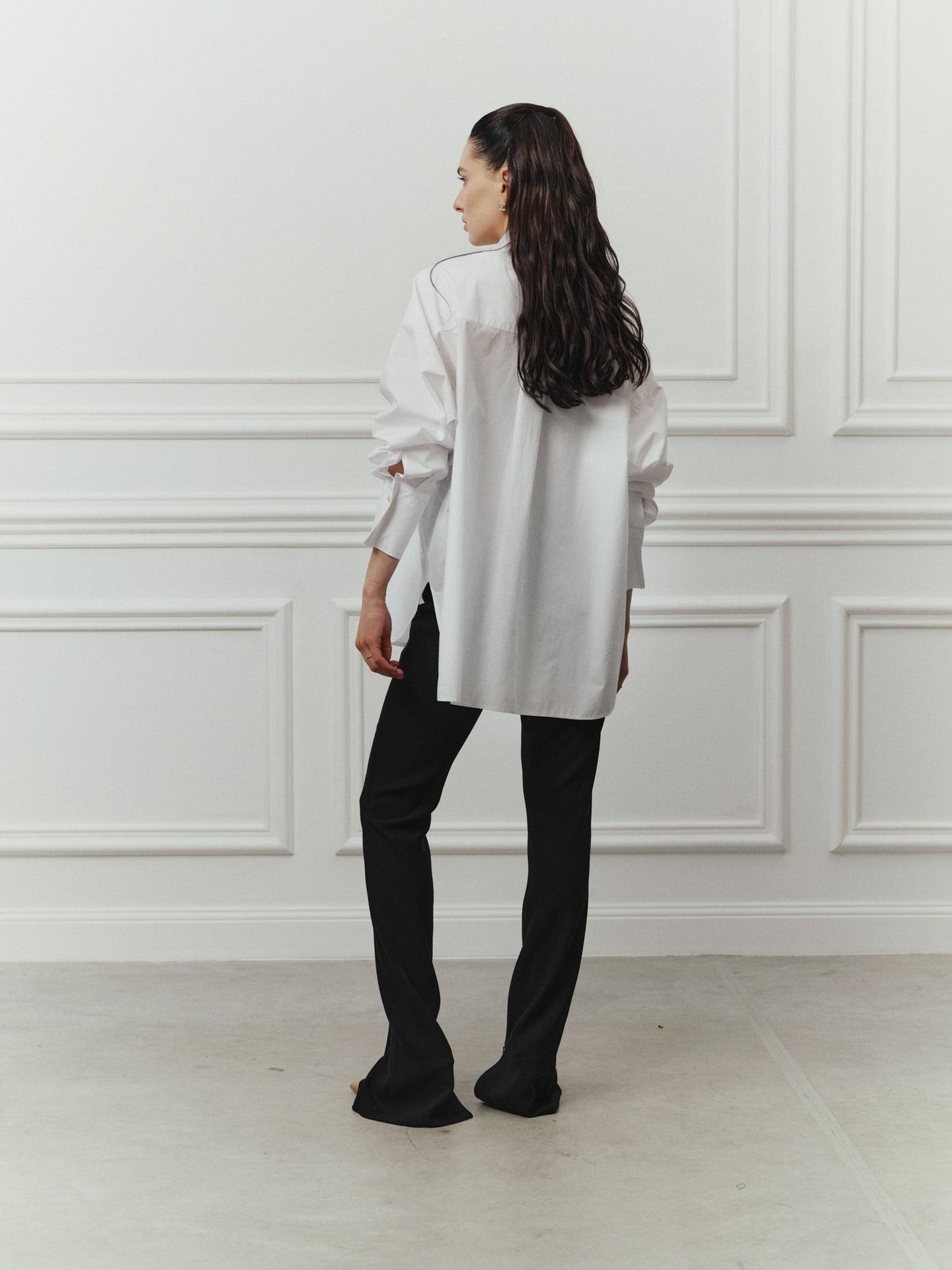 Bib-front oversized cotton shirt with accent gold buttons