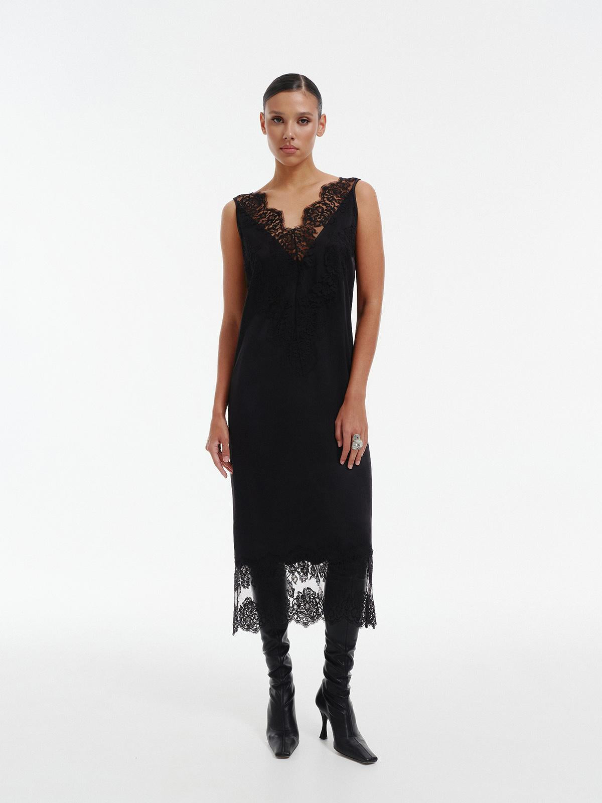 Maxi lace dress with deep back V-cut back in silk viscose blend